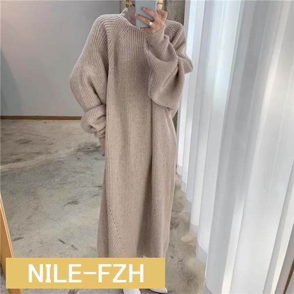レディース ニットワンピース 秋冬 きれいめ タートルネック 長袖 ゆったりシンプルニット 大人カジュアルスタイル モード感がありながらあったかい