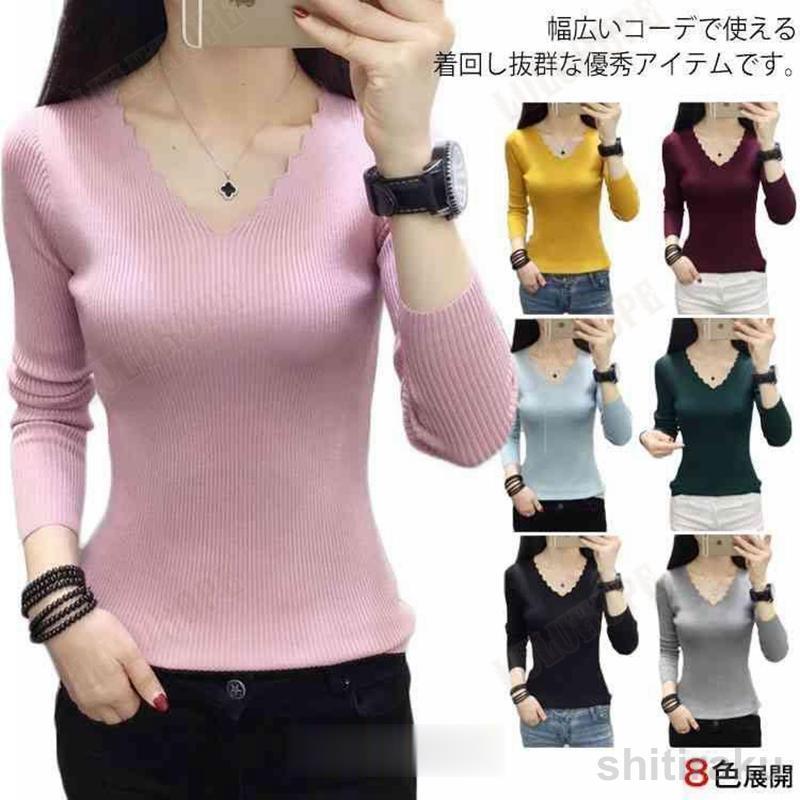 Long-Sleeved Knit - レディース 韓国ファッション ニット セーター ラウンドネック 半袖 五分袖 トップス キュート フェミニン 甘口コーデ おしゃれ デイリー 普段着 ホワイト ベ