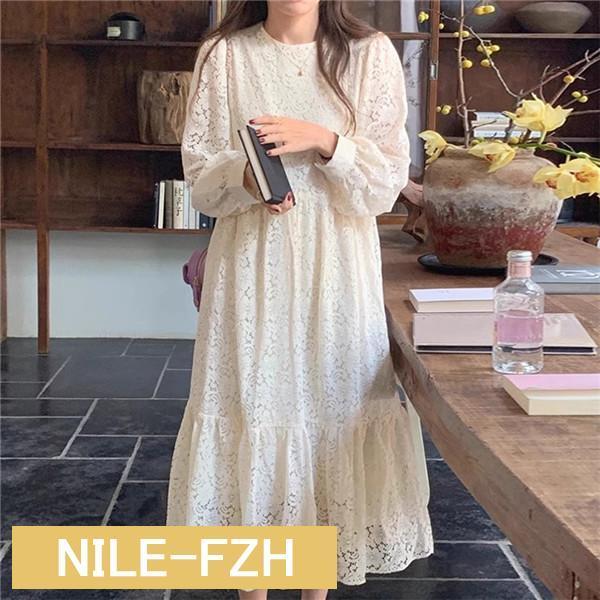 秋冬ワンピース レディース ロング丈 長袖 レース バルーン袖 スタイルアップ抜群 着回しに便利なシンプルさ 体のラインを拾い過ぎない 大人女子に