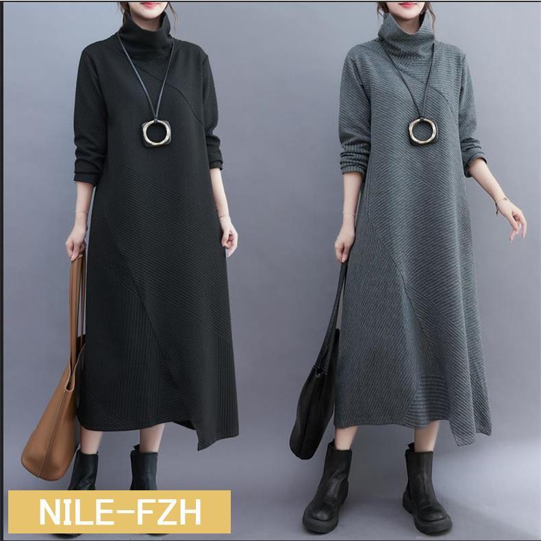 ハイネックワンピース ロングワンピース 長袖 体型カバー レディース 着痩せ 秋冬コーデ 不規則 大きいサイズ ゆったり 今っぽいオシャレ感が叶う