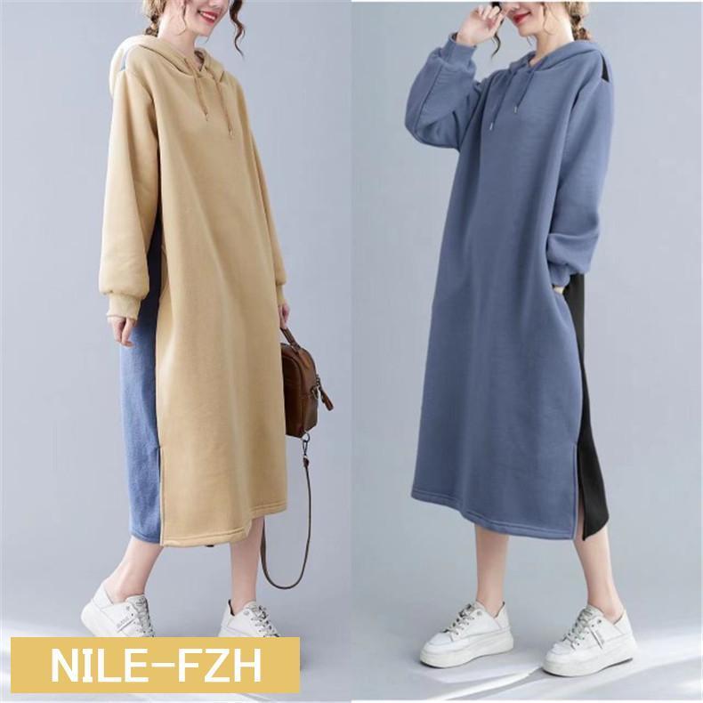 パーカーワンピース 秋冬 ロング丈 レディース サイドスリット きれいめ カジュアル風