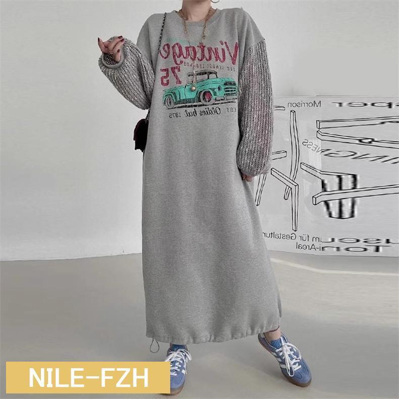 トレーナーワンピース カットソー レディース 秋冬 長袖 切り替え 異素材 袖ニット ドロップショルダー..