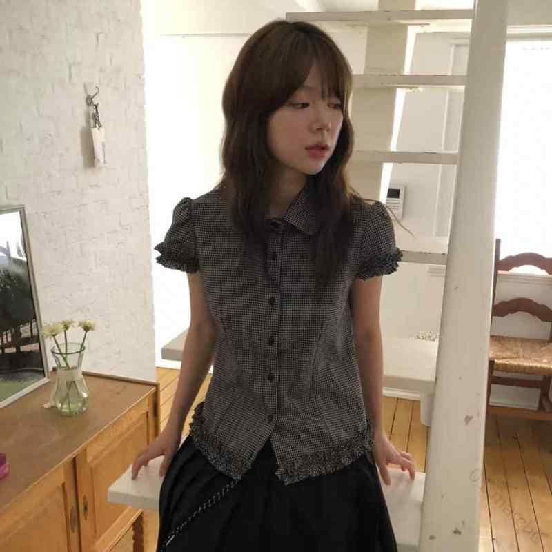 樂天商城 - レディース シャツ 半袖 襟付き ブラウス トップス 格子柄 レトロ 文芸風 ポリエステル 黒 赤 かわいい 气 雅