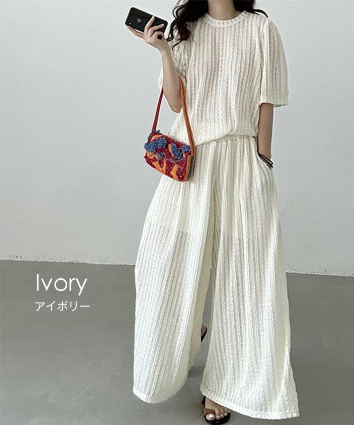 Nylon, Rayon, Polyester - セットアップ パンツ レース 2点セット レディース トップス ボトムス 半袖 総柄 カットソー ロング ロングパンツ ゴム Tシャツ クルーネック ゆったり 体型カバー 大きいサイズ カジュアル 黒 春夏