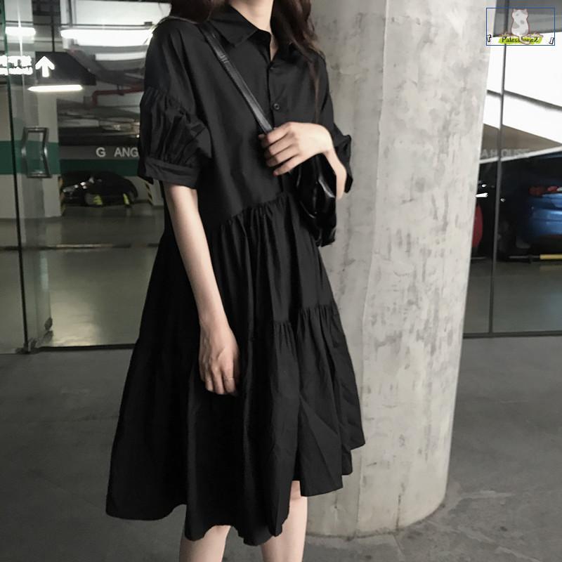 シャツワンピース レディース 40代 キレイめ 膝丈ワンピース 春夏 半袖ワンピース 黒フレアスカート シャツワンピ オシャレ 韓国風 ゆったり 大人可愛い30代