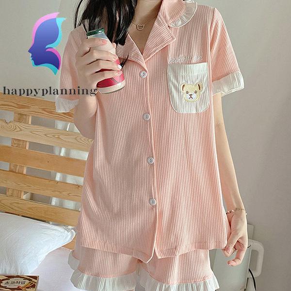 パジャマ レディース ルームウェア 上下セット 半袖 ショートパンツ 夏 部屋着 スウィーティー 熊柄 コットン 寝巻き ゆったり 韓国風 カジュアル 快適 通気性