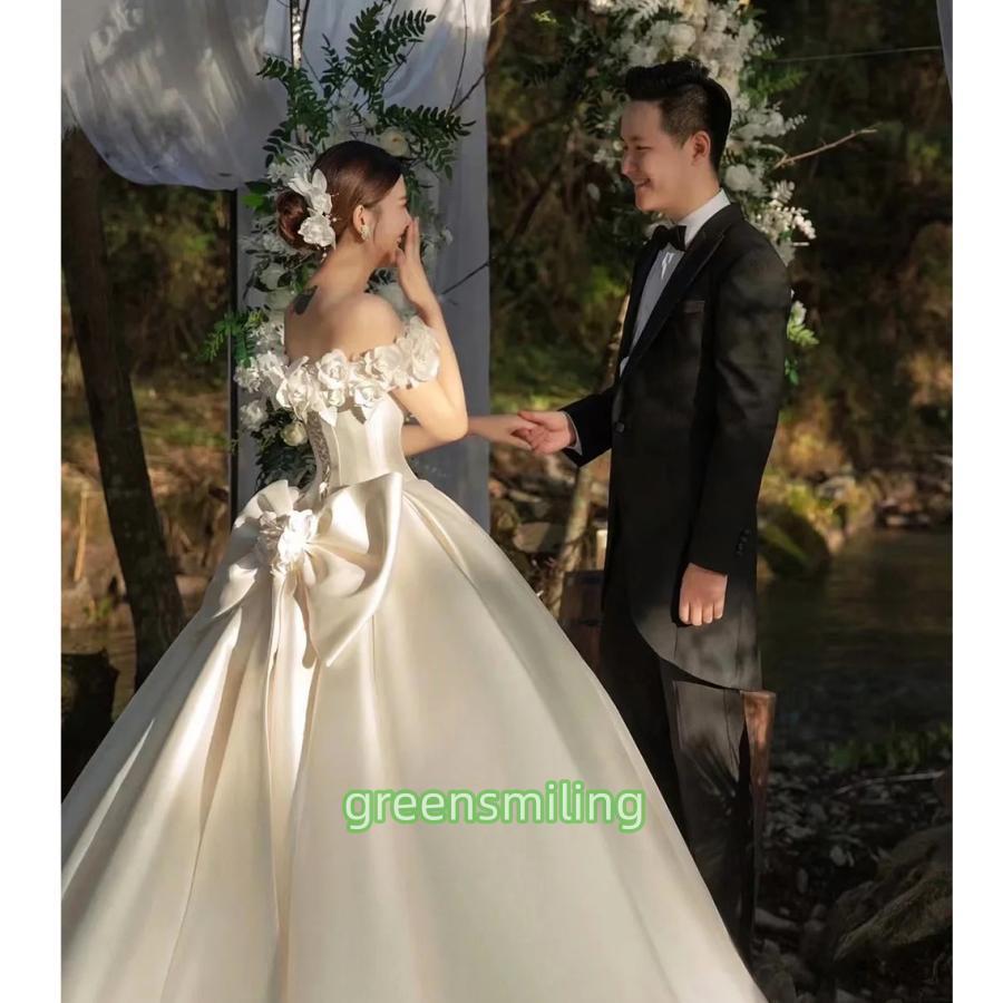 ウェディングドレス ウエディングドレス 二次会 結婚式 前撮り ブライダル ロングドレス 花嫁 プリンセスドレス フラワー リボン サテン オフショルダー 可愛い