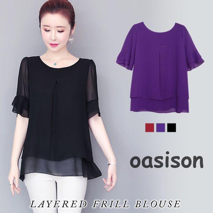 ブラウス レディース 春 夏 春夏 黒 ブラウスシャツ 無地 シフォン シャツ トップス 半袖 チュニック 半袖シャツ きれいめ フリル ブラウス