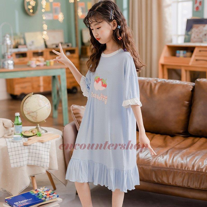 楽天coco-ailesパジャマ ワンピース キッズ半袖 綿 イチゴ柄子供服 女の子 部屋着 寝間着 ルームウェア 寝巻き ロング丈 スウィート 夏 姫系 パジャマ 可愛い