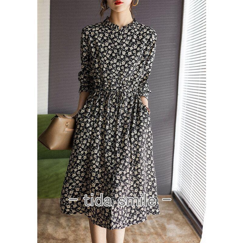 ワンピース きれいめ 花柄ワンピース50代 着やせ 上品 大きいサイズ トールサイズあり 膝丈 長袖 春夏秋冬