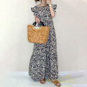 ワンピースロング 半袖 フレア袖 花柄 aライン 丸首 レディース 夏服 フォーマル着痩せ40代 薄手 ポリエステル おしゃれ30代 大人可愛い 涼しい(4)