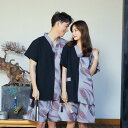 甚平メンズパジャマレディース配色オシャレルームウェア半袖上下セットトップス+パンツVネック前開き寝巻き寝巻お風呂