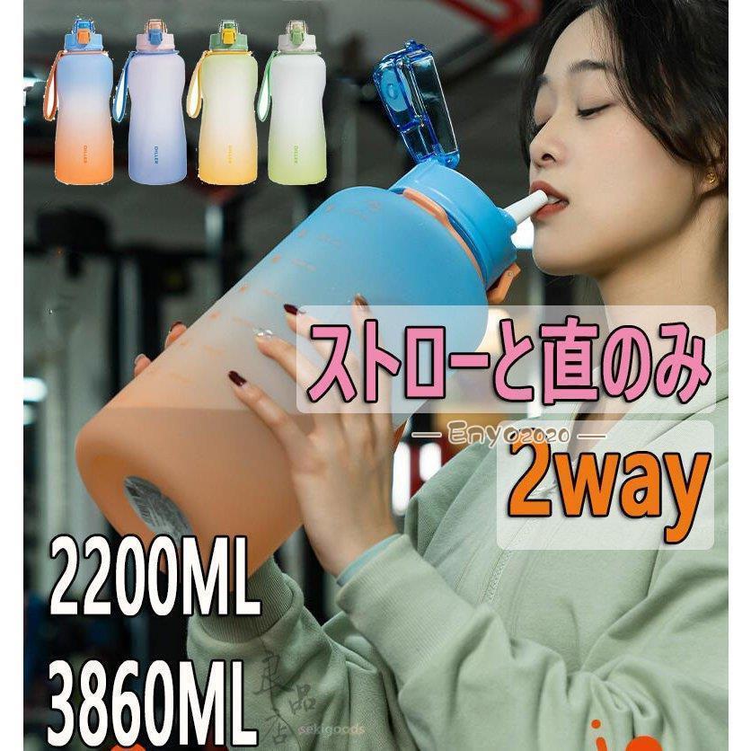 プラスチック水筒 大容量 2L 3L ワンタッチ ストロー 直のみ 軽い運動水筒 運動会 グラデーション ボトル ジム 体操 ヨガ トレーニング 登山
