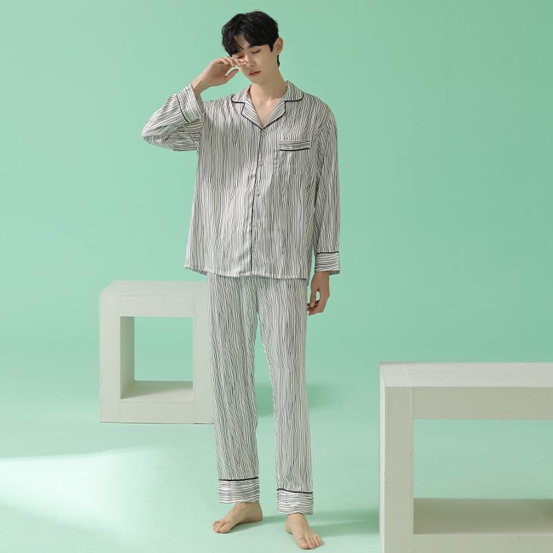 パジャマ メンズ 寝間着 長袖 ナイトウェア 上下セット 前開き 冷感素材 薄手 ストライプ 長ズボン ルームウェア 涼しい 春夏 快適 父の日 上品