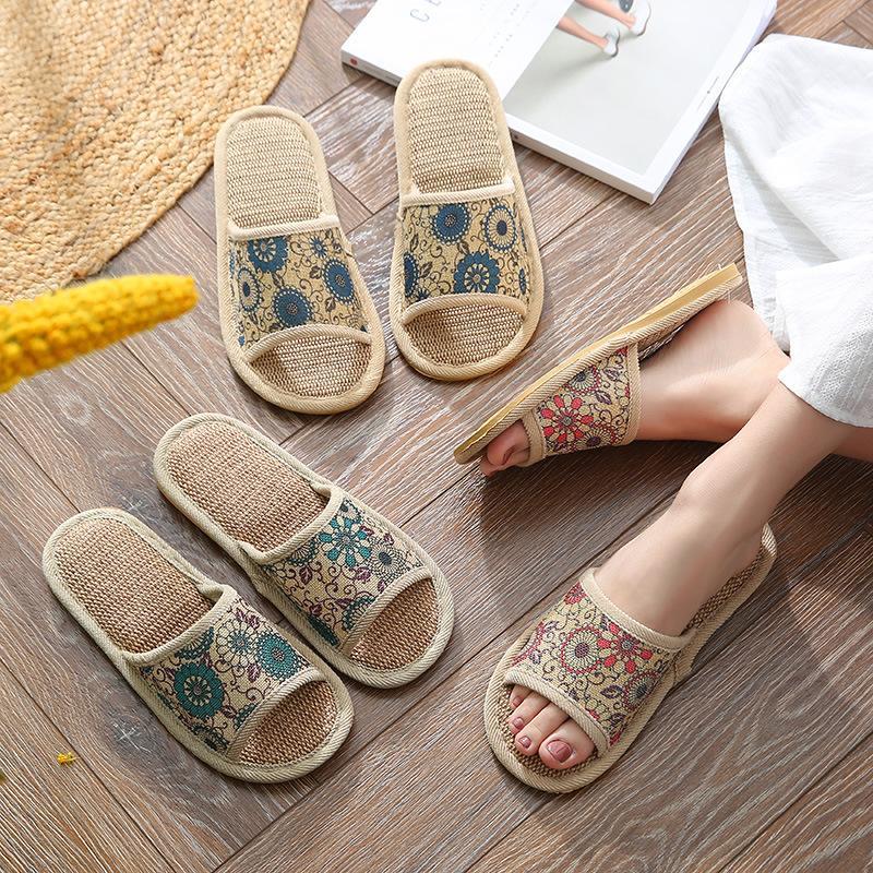 樂天商城 - スリッパ 麻 メンズ ルームシューズ 夏 春 前開きスリッパ 快適 コットンリネン 麻スリッパ 男性 夏スリッパ かかとなし 洗濯可 花柄 室内履き