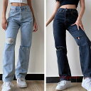 デニム ワイドパンツ レディース 大きいサイズ ボトムス ジーパン ダメージ 秋 ストレート ズボン 春 脚長 カジュアル ゆったり(4)