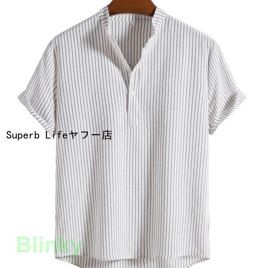 ポロシャツ ゴルフ メンズ 半袖 スポーツ ストライプ リネン 立ち襟 トップス 麻 無地 カジュアル ゆったり シンプル アメカジ 綿 ビジネス