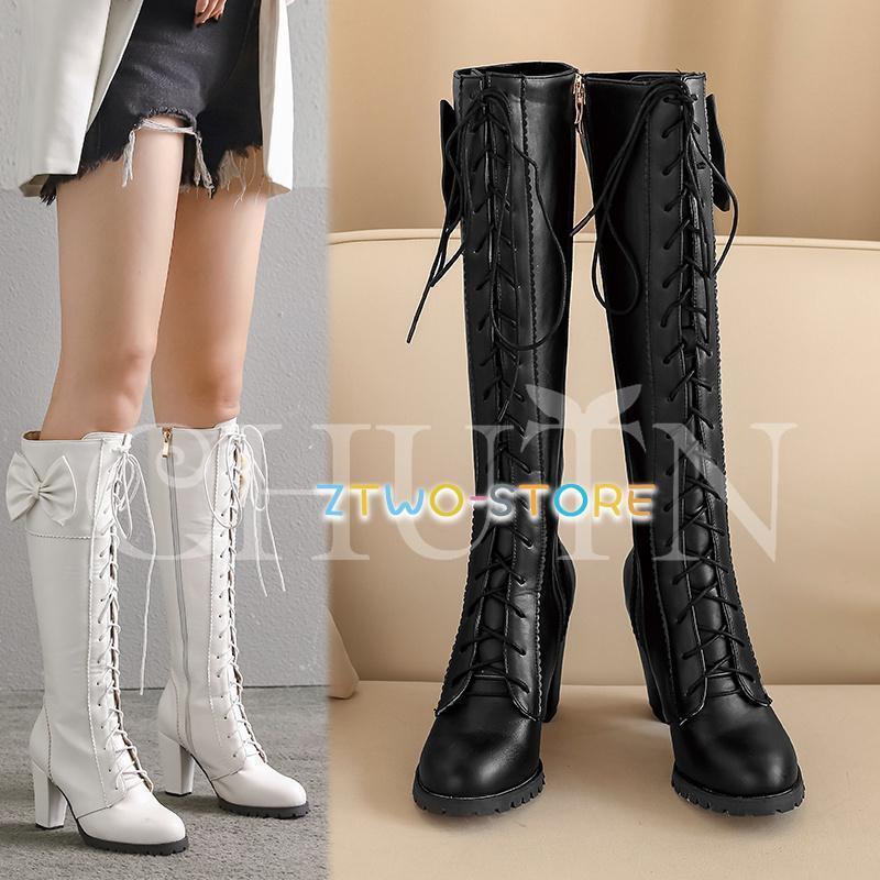【予約販売9月10日前後発送】ロングブーツ ニーハイブーツレースアップブーツ 秋冬 痛くない 太めヒール 9cmヒール旅行ブーツ パーティー編み上げ ロングブーツ大きいサイズ 30代40代 美脚