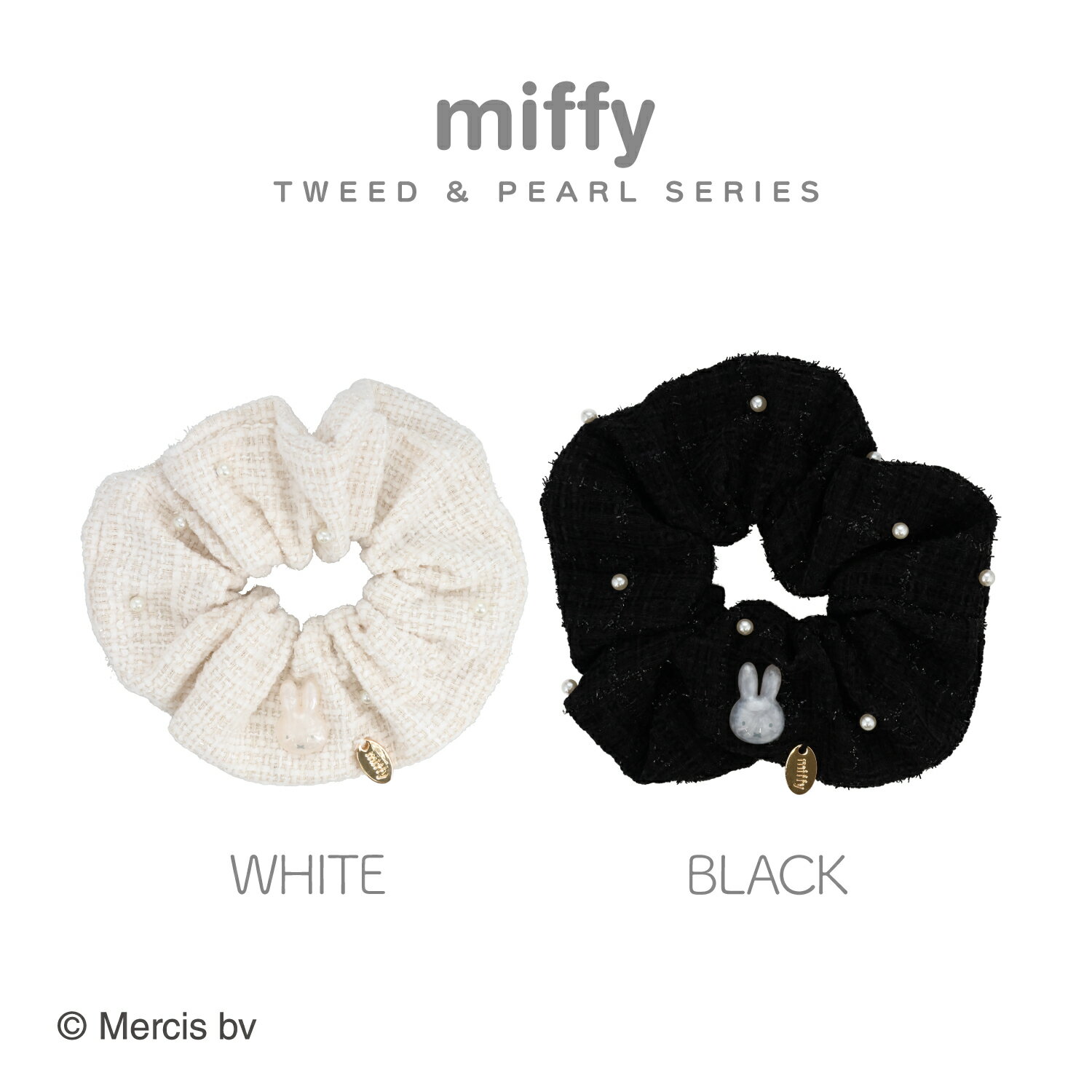 Dick Bruna ツイード&パールシリーズ ツイードシュシュ ＜ ホワイト / ブラック ＞ パール ツイード 髪留め ヘアゴム アクセサリー 大人可愛い 上品 ヘアアクセ ヘアバンス 髪飾り ヘアレンジ 前髪クリップ ギフト プレゼント 旅行 かわいい SHOBIDO 粧美堂 ミッフィーのサムネイル