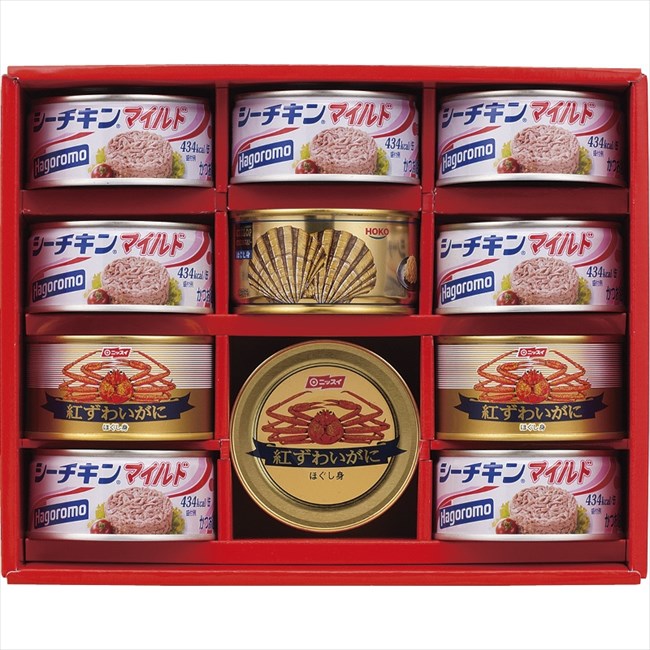 ■商品紹介： ■商品内容：はごろもシーチキンマイルド（140g）×7、ニッスイ紅ずわいがにほぐし身（100g）×3、宝幸貝柱水煮ほぐし身（180g）×1 ■商品サイズ： ■商品材質： ■パッケージサイズ：22.7×27.9×9.1cm ■賞味期限：常温3年 ■アレルゲン：かに メーカー希望小売価格はメーカーカタログに基づいて掲載しています ■さまざまなギフトアイテムをご用意しております。 内祝　内祝い　お祝い返し　ウェディングギフト　ブライダルギフト　引き出物　引出物　結婚引き出物　結婚引出物　結婚内祝い　出産内祝い 命名内祝い　入園内祝い　入学内祝い　卒園内祝い　卒業内祝い　就職内祝い　新築内祝い　引越し内祝い　快気内祝い　開店内祝い　二次会 披露宴　お祝い　御祝　結婚式　結婚祝い　出産祝い　初節句　七五三　入園祝い　入学祝い　卒園祝い　卒業祝い　成人式　就職祝い　昇進祝い 新築祝い　上棟祝い　引っ越し祝い　引越し祝い　開店祝い　退職祝い　快気祝い　全快祝い　初老祝い　還暦祝い　古稀祝い　喜寿祝い　傘寿祝い 米寿祝い　卒寿祝い　白寿祝い　長寿祝い　金婚式　銀婚式　ダイヤモンド婚式　結婚記念日　ギフト　ギフトセット　セット　詰め合わせ　贈答品　お返し お礼　御礼　ごあいさつ　ご挨拶　御挨拶　プレゼント　お見舞い　お見舞御礼　お餞別　引越し　引越しご挨拶　記念日　誕生日　父の日　母の日　敬老の日 記念品　卒業記念品　定年退職記念品　ゴルフコンペ　コンペ景品　景品　賞品　粗品　お香典返し　香典返し　志　満中陰志　弔事　会葬御礼　法要 法要引き出物　法要引出物　法事　法事引き出物　法事引出物　忌明け　四十九日　七七日忌明け志　一周忌　三回忌　回忌法要　偲び草　粗供養　初盆 供物　お供え　お中元　御中元　お歳暮　御歳暮　お年賀　御年賀　残暑見舞い　年始挨拶　ボーリング大会　景品　レミパン　ゼリー　スターバックス 千疋屋　結婚式　そうめん　ローラアシュレイ　プリン　話題　ディズニー　カタログギフト　ティファール　ビタクラフト　ステンレスタンブラー　リラックマ のし無料　メッセージカード無料　ラッピング無料