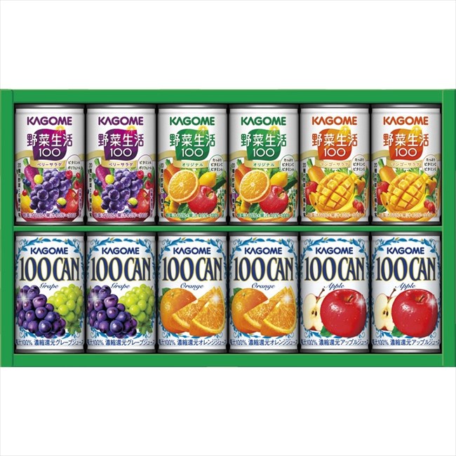 ■商品紹介：100%ジュースのベストセラー「KAGOME 100CAN」と野菜＆フルーツのおいしさが人気の「野菜生活100」の詰め合わせ ■商品内容：野菜生活100（オリジナル・ベリーサラダ・マンゴーサラダ）・アップル・オレンジ・グレープ（...