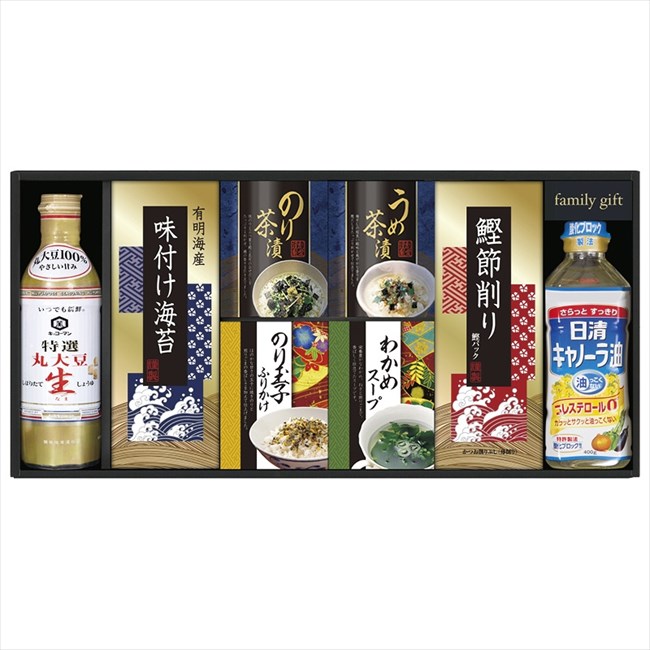 ■商品紹介： ■商品内容：キッコーマンしぼりたて丸大豆生しょうゆ（450ml）・日清キャノーラ油（400g）・わかめスープ（5.3g×2袋）・のり玉子ふりかけ（4.5g×2袋）・のり茶漬・うめ茶漬（各4.3g×2袋）・鰹節削り（2g×4袋）・有明海産味付け海苔（3切6枚）×各1 ■商品サイズ： ■商品材質： ■パッケージサイズ：25×51×7cm ■賞味期限：常温1年2ヶ月 ■アレルゲン：卵・乳・小麦・えび メーカー希望小売価格はメーカーカタログに基づいて掲載しています ■さまざまなギフトアイテムをご用意しております。 内祝　内祝い　お祝い返し　ウェディングギフト　ブライダルギフト　引き出物　引出物　結婚引き出物　結婚引出物　結婚内祝い　出産内祝い 命名内祝い　入園内祝い　入学内祝い　卒園内祝い　卒業内祝い　就職内祝い　新築内祝い　引越し内祝い　快気内祝い　開店内祝い　二次会 披露宴　お祝い　御祝　結婚式　結婚祝い　出産祝い　初節句　七五三　入園祝い　入学祝い　卒園祝い　卒業祝い　成人式　就職祝い　昇進祝い 新築祝い　上棟祝い　引っ越し祝い　引越し祝い　開店祝い　退職祝い　快気祝い　全快祝い　初老祝い　還暦祝い　古稀祝い　喜寿祝い　傘寿祝い 米寿祝い　卒寿祝い　白寿祝い　長寿祝い　金婚式　銀婚式　ダイヤモンド婚式　結婚記念日　ギフト　ギフトセット　セット　詰め合わせ　贈答品　お返し お礼　御礼　ごあいさつ　ご挨拶　御挨拶　プレゼント　お見舞い　お見舞御礼　お餞別　引越し　引越しご挨拶　記念日　誕生日　父の日　母の日　敬老の日 記念品　卒業記念品　定年退職記念品　ゴルフコンペ　コンペ景品　景品　賞品　粗品　お香典返し　香典返し　志　満中陰志　弔事　会葬御礼　法要 法要引き出物　法要引出物　法事　法事引き出物　法事引出物　忌明け　四十九日　七七日忌明け志　一周忌　三回忌　回忌法要　偲び草　粗供養　初盆 供物　お供え　お中元　御中元　お歳暮　御歳暮　お年賀　御年賀　残暑見舞い　年始挨拶　ボーリング大会　景品　レミパン　ゼリー　スターバックス 千疋屋　結婚式　そうめん　ローラアシュレイ　プリン　話題　ディズニー　カタログギフト　ティファール　ビタクラフト　ステンレスタンブラー　リラックマ のし無料　メッセージカード無料　ラッピング無料