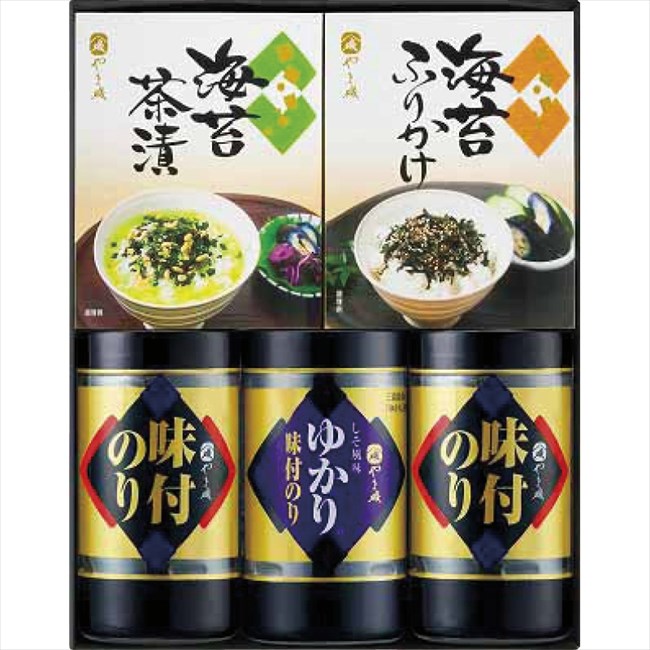 ■商品紹介：有機丸大豆醤油を使用したコクと旨味のある味付海苔、三島食品の「ゆかり?」を使用した赤しそ風味の味付海苔、風味がよくさっぱりとした後味の海苔茶漬け、味付海苔とごまのさくさくとした食感がおいしい海苔ふりかけを詰合せました。 ■商品内容：味付のり （8切24枚）×2、ゆかり味付のり （8切24枚）・海苔茶漬 （5.5g×3袋）・海苔ふりかけ（5g×3袋）×各1 ■商品サイズ： ■商品材質： ■パッケージサイズ：27.5×21.8×7.3cm ■賞味期限：常温1年3ヶ月 ■アレルゲン：卵・乳・小麦・えび メーカー希望小売価格はメーカーカタログに基づいて掲載しています ■さまざまなギフトアイテムをご用意しております。 内祝　内祝い　お祝い返し　ウェディングギフト　ブライダルギフト　引き出物　引出物　結婚引き出物　結婚引出物　結婚内祝い　出産内祝い 命名内祝い　入園内祝い　入学内祝い　卒園内祝い　卒業内祝い　就職内祝い　新築内祝い　引越し内祝い　快気内祝い　開店内祝い　二次会 披露宴　お祝い　御祝　結婚式　結婚祝い　出産祝い　初節句　七五三　入園祝い　入学祝い　卒園祝い　卒業祝い　成人式　就職祝い　昇進祝い 新築祝い　上棟祝い　引っ越し祝い　引越し祝い　開店祝い　退職祝い　快気祝い　全快祝い　初老祝い　還暦祝い　古稀祝い　喜寿祝い　傘寿祝い 米寿祝い　卒寿祝い　白寿祝い　長寿祝い　金婚式　銀婚式　ダイヤモンド婚式　結婚記念日　ギフト　ギフトセット　セット　詰め合わせ　贈答品　お返し お礼　御礼　ごあいさつ　ご挨拶　御挨拶　プレゼント　お見舞い　お見舞御礼　お餞別　引越し　引越しご挨拶　記念日　誕生日　父の日　母の日　敬老の日 記念品　卒業記念品　定年退職記念品　ゴルフコンペ　コンペ景品　景品　賞品　粗品　お香典返し　香典返し　志　満中陰志　弔事　会葬御礼　法要 法要引き出物　法要引出物　法事　法事引き出物　法事引出物　忌明け　四十九日　七七日忌明け志　一周忌　三回忌　回忌法要　偲び草　粗供養　初盆 供物　お供え　お中元　御中元　お歳暮　御歳暮　お年賀　御年賀　残暑見舞い　年始挨拶　ボーリング大会　景品　レミパン　ゼリー　スターバックス 千疋屋　結婚式　そうめん　ローラアシュレイ　プリン　話題　ディズニー　カタログギフト　ティファール　ビタクラフト　ステンレスタンブラー　リラックマ のし無料　メッセージカード無料　ラッピング無料