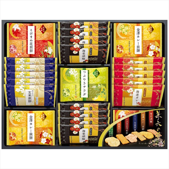 ■商品紹介：国産米100%の煎餅の詰合せです。加賀友禅をモチーフに色鮮やかにデザインされた目で見てきれいな米菓ギフトです。 ■商品内容：えびまめ花煎餅・金澤カレー煎餅・海老胡椒煎餅各8枚・海老カレー煎餅・黒ごま入り玄米煎餅各5枚・つぶやきサ...