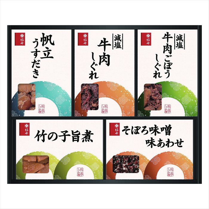 ■商品内容：減塩牛肉しぐれ50g、減塩牛肉ごぼうしぐれ50g、竹の子旨煮50g、そぼろ味噌味あわせ90g、帆立うすだき40g ■パッケージサイズ：箱サイズ:253×313×32（60サイズ） ■賞味期限：製造後270日 ■アレルギー：小麦・大豆・ごま・豚肉・牛肉 メーカー希望小売価格はメーカーカタログに基づいて掲載しています ■さまざまなギフトアイテムをご用意しております。 内祝　内祝い　お祝い返し　ウェディングギフト　ブライダルギフト　引き出物　引出物　結婚引き出物　結婚引出物　結婚内祝い　出産内祝い 命名内祝い　入園内祝い　入学内祝い　卒園内祝い　卒業内祝い　就職内祝い　新築内祝い　引越し内祝い　快気内祝い　開店内祝い　二次会 披露宴　お祝い　御祝　結婚式　結婚祝い　出産祝い　初節句　七五三　入園祝い　入学祝い　卒園祝い　卒業祝い　成人式　就職祝い　昇進祝い 新築祝い　上棟祝い　引っ越し祝い　引越し祝い　開店祝い　退職祝い　快気祝い　全快祝い　初老祝い　還暦祝い　古稀祝い　喜寿祝い　傘寿祝い 米寿祝い　卒寿祝い　白寿祝い　長寿祝い　金婚式　銀婚式　ダイヤモンド婚式　結婚記念日　ギフト　ギフトセット　セット　詰め合わせ　贈答品　お返し お礼　御礼　ごあいさつ　ご挨拶　御挨拶　プレゼント　お見舞い　お見舞御礼　お餞別　引越し　引越しご挨拶　記念日　誕生日　父の日　母の日　敬老の日 記念品　卒業記念品　定年退職記念品　ゴルフコンペ　コンペ景品　景品　賞品　粗品　お香典返し　香典返し　志　満中陰志　弔事　会葬御礼　法要 法要引き出物　法要引出物　法事　法事引き出物　法事引出物　忌明け　四十九日　七七日忌明け志　一周忌　三回忌　回忌法要　偲び草　粗供養　初盆 供物　お供え　お中元　御中元　お歳暮　御歳暮　お年賀　御年賀　残暑見舞い　年始挨拶　ボーリング大会　景品　レミパン　ゼリー　スターバックス 千疋屋　結婚式　そうめん　ローラアシュレイ　プリン　話題　ディズニー　カタログギフト　ティファール　ビタクラフト　ステンレスタンブラー　リラックマ のし無料　メッセージカード無料　ラッピング無料 ギフトにぴったりのアイテムをご紹介！ 贈り物に悩んでいる方へ、心温まるギフトアイテムを取り揃えました。高品質な食品、ふわふわのタオル、美しい食器、そしてセンスあふれる雑貨まで、幅広いラインナップであなたの大切な人への思いを伝えます。 特徴 高品質：厳選された素材と丁寧な製造工程で作られた商品ばかり。どれも長く愛用いただけます。 多用途：どんなシーンでも使える万能アイテムが揃っています。誕生日、結婚祝い、新築祝いなど、さまざまな場面に最適です。 デザイン：シンプルで洗練されたデザインから、カラフルで個性的なものまで、多彩なバリエーションをご用意。 お手頃価格：高品質ながら手ごろな価格で、コストパフォーマンスも抜群。 おすすめの用途とシーン 誕生日プレゼント：大切な人の特別な日を祝うために、実用的かつ心温まるギフトを。食品やタオルは、日常で役立つアイテムとして喜ばれます。 結婚祝い：新しい生活を始めるカップルに、美しい食器やおしゃれな雑貨を。幸せな家庭を築くお手伝いができます。 新築祝い：新しい家に引っ越した友人や家族へ、インテリアにぴったりの雑貨や実用的なタオルを。快適な生活をサポートします。 お返しギフト：感謝の気持ちを込めて、おしゃれで実用的なアイテムを。食品はもちろん、使い心地の良いタオルや美しい食器も喜ばれます。 季節の贈り物：お中元やお歳暮、季節の挨拶として、季節に合ったギフトを。夏には涼しげな雑貨、冬には温かみのあるタオルや食品が最適です。 贈る相手に合わせたおすすめ グルメな方へ：美味しい食品を贈れば、食卓が一層華やかに。特別な時間を演出します。 家庭的な方へ：ふわふわのタオルや使いやすい食器で、日常生活に彩りを。 オシャレな方へ：センスあふれる雑貨で、インテリアを一層魅力的に。 まとめ あなたの気持ちを込めたギフト選びをお手伝いします。どれも心を込めて選んだアイテムばかりです。大切な人への贈り物として、自信を持っておすすめします。 商品概要 [分類] 以下のような商品をお探しの方にオススメです。スイーツ スィーツ スウィーツ Sweets ケーキ お菓子 洋菓子 デザート おやつ 小腹対策 食品 食べ物 / チョコレートケーキ チョコレート ガトーショコラ チーズケーキ 生菓子 生ケーキ ベイクドチーズケーキ [評価・マスコミ] ランキング1位のおすすめ(お勧め オススメ) インスタ映え SNS 評判 今話題の人気商品 [サービス] 以下のサービスをご利用いだだけます。不可の場合あり。お取り寄せ 全国配送 全国発送 オーダー 注文 デリバリー 取寄せ 宅配 ネット通販 持ち運び可 / 送料無料 送料込み 無料ギフト対応 日持ち長い 長期保存 賞味期限が長い 名入れ 当日発送 お急ぎ便 即日配送 即日発送 翌日配送 翌日発送 前日に買う あす楽 明日楽 即納 翌日 あす着 明日届く 配送日指定可 冷凍保存可 冷凍保管 冷凍便 ギフトラッピング ギフト対応 予約 メッセージ付き 有料メッセージカード 有料お誕生日カード ホワイトデー当日お届け可能 [パッケージ] 　 以下のような包装でお届けします。詰め合わせ セット アソート 化粧箱入り ラッピング不要 個包装 小分け 手提げ袋（有償） 2重梱包 [デザイン] 以下のようなイメージをお求めの方におすすめです。お洒落 可愛い ゴージャス 高級感 プレミアム サプライズ感 美しい インパクト 面白い 珍しい 希少 驚き シンプル 上品 スタイリッシュ エレガント モダン [ご用途] 工夫次第で様々な用途でご利用いただけます。贈り物 プレゼント ギフト プチギフト 贈答品 お祝い 御祝い 退職祝い 内祝い 出産祝い 出産内祝い 入学祝い 卒業祝い ご褒美 手土産 お土産 お使い物 お返し お礼 ご挨拶 ご進物 お配り 配る ばらまき バレンタインデー バレンタインデイ ヴァレンタイン 友チョコ 義理チョコ 本命チョコ 逆チョコ バレンタインチョコ ホワイトデー ホワイトデイ ホワイトデーのお返し 七五三 ひな祭り こどもの日 ハロウィン クリスマス お中元 お年賀 ウインターギフト 御中元 御歳暮 サマーギフト 残暑見舞い お歳暮 母の日 父の日 敬老の日 敬老会記念品 敬老会 結婚祝い 結婚内祝い 結婚記念日 結婚式二次会 二次会のプチギフト 結婚披露宴の引き出物 引き菓子 ウエディングパーティー 成人祝い 長寿祝い 還暦祝い 古希祝い 古稀祝い 喜寿祝い 傘寿祝い 米寿祝い 卒寿祝い 白寿祝い 紀寿祝い 百寿祝い 成人式 セレモニー イベント 内祝い 快気祝い 快気内祝い 出産内祝い 出産祝い 記念日 お返し ご進物 御使い物 お礼 ご挨拶 御礼 ご祝儀 祝儀の品 お使い物 ノベルティー 粗品 景品 長寿 法事 法要 仏事 年忌法事 志 粗供養 供養返し 香典返し 満中陰志 御供え お供え 御供物 弔事 七五三 ひな祭り 入学祝い 卒業祝い 卒園祝い 退職祝い 入社祝い 成人式 成人式のお祝い 朝食 食事代わり ティータイム ブレイクタイム ホームパーティー クリスマスケーキ 誕生日プレゼント 誕生祝い バースデーケーキ 学校 会社 職場 法人 取引先 部活 イベント サークル 介護施設 [おすすめの方] 以下のような様々なお客様にお喜びいただいております。10代 20代 30代 40代 50代 60代 70代 80代 90代 100歳以上 お母さん お父さん ママ パパ 兄弟姉妹 彼氏 彼女 恋人 義理の母 叔父さん 親戚の お嬢さん 大家族 家族 赤ちゃん 祖父 祖母 叔父 叔母 孫 おじいちゃん おばあちゃん じいじ ばあば 夫 旦那 妻 奥様 お嫁さん 奥さん 親 両親 娘 同僚 友達 仲間 友人 親友 上司 部下 先輩 後輩 お世話になった方 恩師 先生 大人数 女友達 法人 女性 男性 大人 子ども 子供用 小学生 中学生 高校生 男の子 女の子 辛党 甘党 甘いものが苦手 高齢者 お年寄り [その他おすすめ] 以下のような商品に興味のある方にもオススメです。大量 大量購入 財布に優しい 大人数 業務用 大量スイーツ お試し コスパ良い /ギフト 早割 お中元 お歳暮 御見舞 お見舞い お取り寄せ グルメスイーツお中元 御中元 贈り物減塩牛肉しぐれ50g、減塩牛肉ごぼうしぐれ50g、竹の子旨煮50g、そぼろ味噌味あわせ90g、帆立うすだき40g