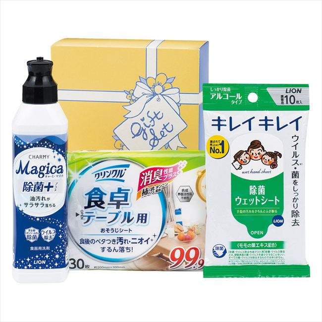 ■商品紹介： ■商品内容：ライオンチャーミーマジカ除菌プラス（220ml）・ライオンキレイキレイお手ふきウェットシート（アルコールタイプ）（10枚入）・クリンクル食卓テーブル用シート（30枚入）×各1 ■材質： ■重量：約557g ■原産国...