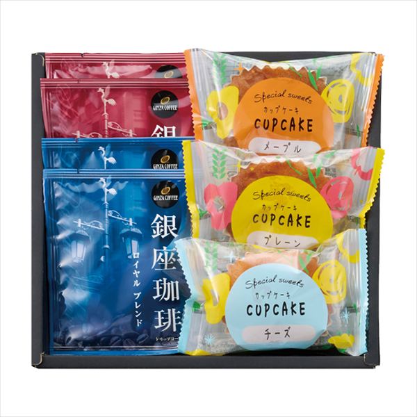 ■商品紹介内容/銀座珈琲ロイヤルブレンド:7g×2・銀座珈琲スペシャルブレンド:7g×2・カップケーキ（プレーン）×1・カップケーキ（メープル）×1・カップケーキ（チーズ）×1《卵・乳・小麦》 ■パッケージサイズ：箱寸/203×225×60...