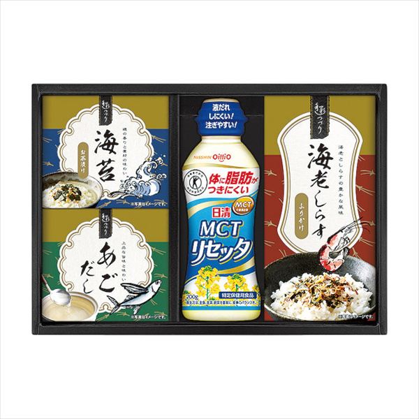 ■商品紹介内容/日清MCTリセッタ:200g×1・海老しらすふりかけ:3g×3袋×1・海苔茶漬け:5.5g×2袋×1・あごだし:6g×2袋×1《乳・小麦・えび》 ■パッケージサイズ：箱寸/195×274×43 ■重量：約480g メーカー希...
