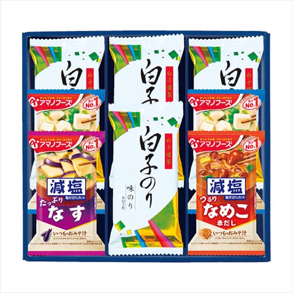 ■商品紹介内容/白子のり味のり:8切5枚×4・減塩いつものおみそ汁（とうふ）:10.3g×2・減塩いつものおみそ汁（なす）:9g×1・減塩いつものおみそ汁（なめこ）:8g×1《乳・小麦・えび》 ■パッケージサイズ：箱寸/242×266×45...