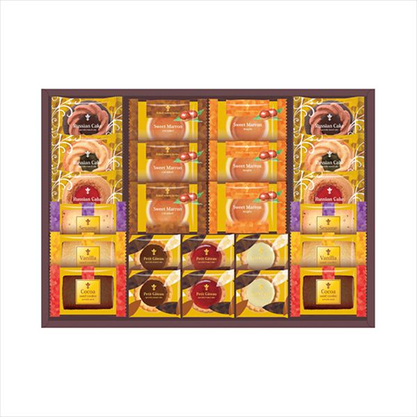 ■商品紹介内容/ロシアケーキ×6・プチガトー×6・サンドクッキー×6・スイートマロン×6《卵・乳・小麦・落花生》 ■パッケージサイズ：箱寸/317×411×44 ■重量：約883g メーカー希望小売価格はメーカーカタログに基づいて掲載しています ■さまざまなギフトアイテムをご用意しております。 内祝　内祝い　お祝い返し　ウェディングギフト　ブライダルギフト　引き出物　引出物　結婚引き出物　結婚引出物　結婚内祝い　出産内祝い 命名内祝い　入園内祝い　入学内祝い　卒園内祝い　卒業内祝い　就職内祝い　新築内祝い　引越し内祝い　快気内祝い　開店内祝い　二次会 披露宴　お祝い　御祝　結婚式　結婚祝い　出産祝い　初節句　七五三　入園祝い　入学祝い　卒園祝い　卒業祝い　成人式　就職祝い　昇進祝い 新築祝い　上棟祝い　引っ越し祝い　引越し祝い　開店祝い　退職祝い　快気祝い　全快祝い　初老祝い　還暦祝い　古稀祝い　喜寿祝い　傘寿祝い 米寿祝い　卒寿祝い　白寿祝い　長寿祝い　金婚式　銀婚式　ダイヤモンド婚式　結婚記念日　ギフト　ギフトセット　セット　詰め合わせ　贈答品　お返し お礼　御礼　ごあいさつ　ご挨拶　御挨拶　プレゼント　お見舞い　お見舞御礼　お餞別　引越し　引越しご挨拶　記念日　誕生日　父の日　母の日　敬老の日 記念品　卒業記念品　定年退職記念品　ゴルフコンペ　コンペ景品　景品　賞品　粗品　お香典返し　香典返し　志　満中陰志　弔事　会葬御礼　法要 法要引き出物　法要引出物　法事　法事引き出物　法事引出物　忌明け　四十九日　七七日忌明け志　一周忌　三回忌　回忌法要　偲び草　粗供養　初盆 供物　お供え　お中元　御中元　お歳暮　御歳暮　お年賀　御年賀　残暑見舞い　年始挨拶　ボーリング大会　景品　レミパン　ゼリー　スターバックス 千疋屋　結婚式　そうめん　ローラアシュレイ　プリン　話題　ディズニー　カタログギフト　ティファール　ビタクラフト　ステンレスタンブラー　リラックマ のし無料　メッセージカード無料　ラッピング無料 ギフトにぴったりのアイテムをご紹介！ 贈り物に悩んでいる方へ、心温まるギフトアイテムを取り揃えました。高品質な食品、ふわふわのタオル、美しい食器、そしてセンスあふれる雑貨まで、幅広いラインナップであなたの大切な人への思いを伝えます。 特徴 高品質：厳選された素材と丁寧な製造工程で作られた商品ばかり。どれも長く愛用いただけます。 多用途：どんなシーンでも使える万能アイテムが揃っています。誕生日、結婚祝い、新築祝いなど、さまざまな場面に最適です。 デザイン：シンプルで洗練されたデザインから、カラフルで個性的なものまで、多彩なバリエーションをご用意。 お手頃価格：高品質ながら手ごろな価格で、コストパフォーマンスも抜群。 おすすめの用途とシーン 誕生日プレゼント：大切な人の特別な日を祝うために、実用的かつ心温まるギフトを。食品やタオルは、日常で役立つアイテムとして喜ばれます。 結婚祝い：新しい生活を始めるカップルに、美しい食器やおしゃれな雑貨を。幸せな家庭を築くお手伝いができます。 新築祝い：新しい家に引っ越した友人や家族へ、インテリアにぴったりの雑貨や実用的なタオルを。快適な生活をサポートします。 お返しギフト：感謝の気持ちを込めて、おしゃれで実用的なアイテムを。食品はもちろん、使い心地の良いタオルや美しい食器も喜ばれます。 季節の贈り物：お中元やお歳暮、季節の挨拶として、季節に合ったギフトを。夏には涼しげな雑貨、冬には温かみのあるタオルや食品が最適です。 贈る相手に合わせたおすすめ グルメな方へ：美味しい食品を贈れば、食卓が一層華やかに。特別な時間を演出します。 家庭的な方へ：ふわふわのタオルや使いやすい食器で、日常生活に彩りを。 オシャレな方へ：センスあふれる雑貨で、インテリアを一層魅力的に。 まとめ あなたの気持ちを込めたギフト選びをお手伝いします。どれも心を込めて選んだアイテムばかりです。大切な人への贈り物として、自信を持っておすすめします。 商品概要 [分類] 以下のような商品をお探しの方にオススメです。スイーツ スィーツ スウィーツ Sweets ケーキ お菓子 洋菓子 デザート おやつ 小腹対策 食品 食べ物 / チョコレートケーキ チョコレート ガトーショコラ チーズケーキ 生菓子 生ケーキ ベイクドチーズケーキ [評価・マスコミ] ランキング1位のおすすめ(お勧め オススメ) インスタ映え SNS 評判 今話題の人気商品 [サービス] 以下のサービスをご利用いだだけます。不可の場合あり。お取り寄せ 全国配送 全国発送 オーダー 注文 デリバリー 取寄せ 宅配 ネット通販 持ち運び可 / 送料無料 送料込み 無料ギフト対応 日持ち長い 長期保存 賞味期限が長い 名入れ 当日発送 お急ぎ便 即日配送 即日発送 翌日配送 翌日発送 前日に買う あす楽 明日楽 即納 翌日 あす着 明日届く 配送日指定可 冷凍保存可 冷凍保管 冷凍便 ギフトラッピング ギフト対応 予約 メッセージ付き 有料メッセージカード 有料お誕生日カード ホワイトデー当日お届け可能 [パッケージ] 　 以下のような包装でお届けします。詰め合わせ セット アソート 化粧箱入り ラッピング不要 個包装 小分け 手提げ袋（有償） 2重梱包 [デザイン] 以下のようなイメージをお求めの方におすすめです。お洒落 可愛い ゴージャス 高級感 プレミアム サプライズ感 美しい インパクト 面白い 珍しい 希少 驚き シンプル 上品 スタイリッシュ エレガント モダン [ご用途] 工夫次第で様々な用途でご利用いただけます。贈り物 プレゼント ギフト プチギフト 贈答品 お祝い 御祝い 退職祝い 内祝い 出産祝い 出産内祝い 入学祝い 卒業祝い ご褒美 手土産 お土産 お使い物 お返し お礼 ご挨拶 ご進物 お配り 配る ばらまき バレンタインデー バレンタインデイ ヴァレンタイン 友チョコ 義理チョコ 本命チョコ 逆チョコ バレンタインチョコ ホワイトデー ホワイトデイ ホワイトデーのお返し 七五三 ひな祭り こどもの日 ハロウィン クリスマス お中元 お年賀 ウインターギフト 御中元 御歳暮 サマーギフト 残暑見舞い お歳暮 母の日 父の日 敬老の日 敬老会記念品 敬老会 結婚祝い 結婚内祝い 結婚記念日 結婚式二次会 二次会のプチギフト 結婚披露宴の引き出物 引き菓子 ウエディングパーティー 成人祝い 長寿祝い 還暦祝い 古希祝い 古稀祝い 喜寿祝い 傘寿祝い 米寿祝い 卒寿祝い 白寿祝い 紀寿祝い 百寿祝い 成人式 セレモニー イベント 内祝い 快気祝い 快気内祝い 出産内祝い 出産祝い 記念日 お返し ご進物 御使い物 お礼 ご挨拶 御礼 ご祝儀 祝儀の品 お使い物 ノベルティー 粗品 景品 長寿 法事 法要 仏事 年忌法事 志 粗供養 供養返し 香典返し 満中陰志 御供え お供え 御供物 弔事 七五三 ひな祭り 入学祝い 卒業祝い 卒園祝い 退職祝い 入社祝い 成人式 成人式のお祝い 朝食 食事代わり ティータイム ブレイクタイム ホームパーティー クリスマスケーキ 誕生日プレゼント 誕生祝い バースデーケーキ 学校 会社 職場 法人 取引先 部活 イベント サークル 介護施設 [おすすめの方] 以下のような様々なお客様にお喜びいただいております。10代 20代 30代 40代 50代 60代 70代 80代 90代 100歳以上 お母さん お父さん ママ パパ 兄弟姉妹 彼氏 彼女 恋人 義理の母 叔父さん 親戚の お嬢さん 大家族 家族 赤ちゃん 祖父 祖母 叔父 叔母 孫 おじいちゃん おばあちゃん じいじ ばあば 夫 旦那 妻 奥様 お嫁さん 奥さん 親 両親 娘 同僚 友達 仲間 友人 親友 上司 部下 先輩 後輩 お世話になった方 恩師 先生 大人数 女友達 法人 女性 男性 大人 子ども 子供用 小学生 中学生 高校生 男の子 女の子 辛党 甘党 甘いものが苦手 高齢者 お年寄り [その他おすすめ] 以下のような商品に興味のある方にもオススメです。大量 大量購入 財布に優しい 大人数 業務用 大量スイーツ お試し コスパ良い /とっておきのギフトを贈る。ギフト専門店のおすすめ商品ですもらう方が嬉しい、使い勝手のいい進物商品。