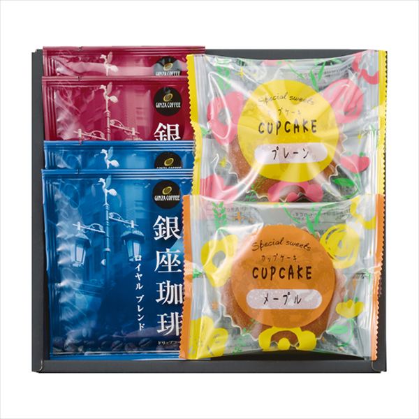 ■商品紹介内容/銀座珈琲ロイヤルブレンド:7g×2・銀座珈琲スペシャルブレンド:7g×2・カップケーキ（プレーン）×1・カップケーキ（メープル）×1《卵・乳・小麦》 ■パッケージサイズ：箱寸/203×225×60 ■重量：約285g メーカ...