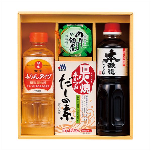 ■商品紹介内容/サンビシ本醸造しょうゆ:500ml×1・日の出割烹みりんタイプ:400ml×1・島乃香のり佃煮:80g×1・マルトモ直火焼本かつおだしの素:（4g×10袋）×1《乳・小麦》 ■パッケージサイズ：箱寸/255×230×75 ■重量：約1610g メーカー希望小売価格はメーカーカタログに基づいて掲載しています ■さまざまなギフトアイテムをご用意しております。 内祝　内祝い　お祝い返し　ウェディングギフト　ブライダルギフト　引き出物　引出物　結婚引き出物　結婚引出物　結婚内祝い　出産内祝い 命名内祝い　入園内祝い　入学内祝い　卒園内祝い　卒業内祝い　就職内祝い　新築内祝い　引越し内祝い　快気内祝い　開店内祝い　二次会 披露宴　お祝い　御祝　結婚式　結婚祝い　出産祝い　初節句　七五三　入園祝い　入学祝い　卒園祝い　卒業祝い　成人式　就職祝い　昇進祝い 新築祝い　上棟祝い　引っ越し祝い　引越し祝い　開店祝い　退職祝い　快気祝い　全快祝い　初老祝い　還暦祝い　古稀祝い　喜寿祝い　傘寿祝い 米寿祝い　卒寿祝い　白寿祝い　長寿祝い　金婚式　銀婚式　ダイヤモンド婚式　結婚記念日　ギフト　ギフトセット　セット　詰め合わせ　贈答品　お返し お礼　御礼　ごあいさつ　ご挨拶　御挨拶　プレゼント　お見舞い　お見舞御礼　お餞別　引越し　引越しご挨拶　記念日　誕生日　父の日　母の日　敬老の日 記念品　卒業記念品　定年退職記念品　ゴルフコンペ　コンペ景品　景品　賞品　粗品　お香典返し　香典返し　志　満中陰志　弔事　会葬御礼　法要 法要引き出物　法要引出物　法事　法事引き出物　法事引出物　忌明け　四十九日　七七日忌明け志　一周忌　三回忌　回忌法要　偲び草　粗供養　初盆 供物　お供え　お中元　御中元　お歳暮　御歳暮　お年賀　御年賀　残暑見舞い　年始挨拶　ボーリング大会　景品　レミパン　ゼリー　スターバックス 千疋屋　結婚式　そうめん　ローラアシュレイ　プリン　話題　ディズニー　カタログギフト　ティファール　ビタクラフト　ステンレスタンブラー　リラックマ のし無料　メッセージカード無料　ラッピング無料 ギフトにぴったりのアイテムをご紹介！ 贈り物に悩んでいる方へ、心温まるギフトアイテムを取り揃えました。高品質な食品、ふわふわのタオル、美しい食器、そしてセンスあふれる雑貨まで、幅広いラインナップであなたの大切な人への思いを伝えます。 特徴 高品質：厳選された素材と丁寧な製造工程で作られた商品ばかり。どれも長く愛用いただけます。 多用途：どんなシーンでも使える万能アイテムが揃っています。誕生日、結婚祝い、新築祝いなど、さまざまな場面に最適です。 デザイン：シンプルで洗練されたデザインから、カラフルで個性的なものまで、多彩なバリエーションをご用意。 お手頃価格：高品質ながら手ごろな価格で、コストパフォーマンスも抜群。 おすすめの用途とシーン 誕生日プレゼント：大切な人の特別な日を祝うために、実用的かつ心温まるギフトを。食品やタオルは、日常で役立つアイテムとして喜ばれます。 結婚祝い：新しい生活を始めるカップルに、美しい食器やおしゃれな雑貨を。幸せな家庭を築くお手伝いができます。 新築祝い：新しい家に引っ越した友人や家族へ、インテリアにぴったりの雑貨や実用的なタオルを。快適な生活をサポートします。 お返しギフト：感謝の気持ちを込めて、おしゃれで実用的なアイテムを。食品はもちろん、使い心地の良いタオルや美しい食器も喜ばれます。 季節の贈り物：お中元やお歳暮、季節の挨拶として、季節に合ったギフトを。夏には涼しげな雑貨、冬には温かみのあるタオルや食品が最適です。 贈る相手に合わせたおすすめ グルメな方へ：美味しい食品を贈れば、食卓が一層華やかに。特別な時間を演出します。 家庭的な方へ：ふわふわのタオルや使いやすい食器で、日常生活に彩りを。 オシャレな方へ：センスあふれる雑貨で、インテリアを一層魅力的に。 まとめ あなたの気持ちを込めたギフト選びをお手伝いします。どれも心を込めて選んだアイテムばかりです。大切な人への贈り物として、自信を持っておすすめします。 商品概要 [分類] 以下のような商品をお探しの方にオススメです。スイーツ スィーツ スウィーツ Sweets ケーキ お菓子 洋菓子 デザート おやつ 小腹対策 食品 食べ物 / チョコレートケーキ チョコレート ガトーショコラ チーズケーキ 生菓子 生ケーキ ベイクドチーズケーキ [評価・マスコミ] ランキング1位のおすすめ(お勧め オススメ) インスタ映え SNS 評判 今話題の人気商品 [サービス] 以下のサービスをご利用いだだけます。不可の場合あり。お取り寄せ 全国配送 全国発送 オーダー 注文 デリバリー 取寄せ 宅配 ネット通販 持ち運び可 / 送料無料 送料込み 無料ギフト対応 日持ち長い 長期保存 賞味期限が長い 名入れ 当日発送 お急ぎ便 即日配送 即日発送 翌日配送 翌日発送 前日に買う あす楽 明日楽 即納 翌日 あす着 明日届く 配送日指定可 冷凍保存可 冷凍保管 冷凍便 ギフトラッピング ギフト対応 予約 メッセージ付き 有料メッセージカード 有料お誕生日カード ホワイトデー当日お届け可能 [パッケージ] 　 以下のような包装でお届けします。詰め合わせ セット アソート 化粧箱入り ラッピング不要 個包装 小分け 手提げ袋（有償） 2重梱包 [デザイン] 以下のようなイメージをお求めの方におすすめです。お洒落 可愛い ゴージャス 高級感 プレミアム サプライズ感 美しい インパクト 面白い 珍しい 希少 驚き シンプル 上品 スタイリッシュ エレガント モダン [ご用途] 工夫次第で様々な用途でご利用いただけます。贈り物 プレゼント ギフト プチギフト 贈答品 お祝い 御祝い 退職祝い 内祝い 出産祝い 出産内祝い 入学祝い 卒業祝い ご褒美 手土産 お土産 お使い物 お返し お礼 ご挨拶 ご進物 お配り 配る ばらまき バレンタインデー バレンタインデイ ヴァレンタイン 友チョコ 義理チョコ 本命チョコ 逆チョコ バレンタインチョコ ホワイトデー ホワイトデイ ホワイトデーのお返し 七五三 ひな祭り こどもの日 ハロウィン クリスマス お中元 お年賀 ウインターギフト 御中元 御歳暮 サマーギフト 残暑見舞い お歳暮 母の日 父の日 敬老の日 敬老会記念品 敬老会 結婚祝い 結婚内祝い 結婚記念日 結婚式二次会 二次会のプチギフト 結婚披露宴の引き出物 引き菓子 ウエディングパーティー 成人祝い 長寿祝い 還暦祝い 古希祝い 古稀祝い 喜寿祝い 傘寿祝い 米寿祝い 卒寿祝い 白寿祝い 紀寿祝い 百寿祝い 成人式 セレモニー イベント 内祝い 快気祝い 快気内祝い 出産内祝い 出産祝い 記念日 お返し ご進物 御使い物 お礼 ご挨拶 御礼 ご祝儀 祝儀の品 お使い物 ノベルティー 粗品 景品 長寿 法事 法要 仏事 年忌法事 志 粗供養 供養返し 香典返し 満中陰志 御供え お供え 御供物 弔事 七五三 ひな祭り 入学祝い 卒業祝い 卒園祝い 退職祝い 入社祝い 成人式 成人式のお祝い 朝食 食事代わり ティータイム ブレイクタイム ホームパーティー クリスマスケーキ 誕生日プレゼント 誕生祝い バースデーケーキ 学校 会社 職場 法人 取引先 部活 イベント サークル 介護施設 [おすすめの方] 以下のような様々なお客様にお喜びいただいております。10代 20代 30代 40代 50代 60代 70代 80代 90代 100歳以上 お母さん お父さん ママ パパ 兄弟姉妹 彼氏 彼女 恋人 義理の母 叔父さん 親戚の お嬢さん 大家族 家族 赤ちゃん 祖父 祖母 叔父 叔母 孫 おじいちゃん おばあちゃん じいじ ばあば 夫 旦那 妻 奥様 お嫁さん 奥さん 親 両親 娘 同僚 友達 仲間 友人 親友 上司 部下 先輩 後輩 お世話になった方 恩師 先生 大人数 女友達 法人 女性 男性 大人 子ども 子供用 小学生 中学生 高校生 男の子 女の子 辛党 甘党 甘いものが苦手 高齢者 お年寄り [その他おすすめ] 以下のような商品に興味のある方にもオススメです。大量 大量購入 財布に優しい 大人数 業務用 大量スイーツ お試し コスパ良い /とっておきのギフトを贈る。ギフト専門店のおすすめ商品ですもらう方が嬉しい、使い勝手のいい進物商品。