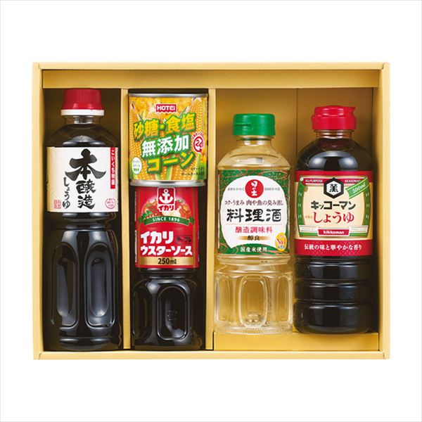 ■商品紹介内容/キッコーマンこいくちしょうゆ［日本製］:500ml×1・サンビシ本醸造しょうゆ［日本製］:500ml×1・日の出料理酒［日本製］:400ml×1・イカリテーブルウスターソース［日本製］:250ml×1・ホテイ砂糖・食塩無添加...