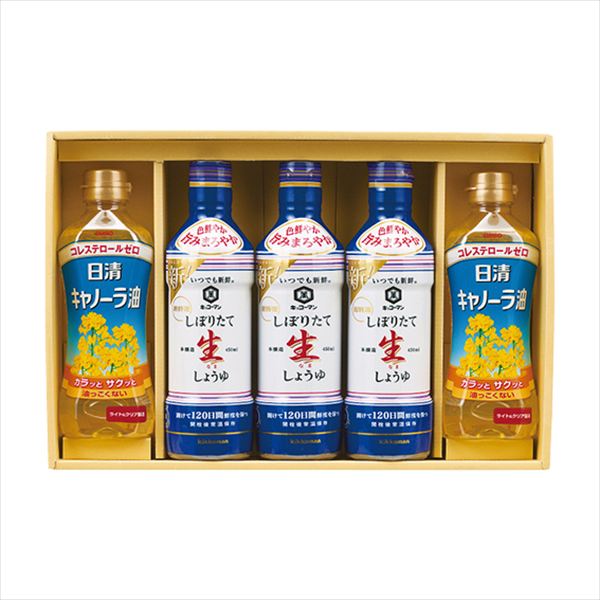 ■商品紹介内容/キッコーマンいつでも新鮮しぼりたて生しょうゆ:450ml×3・日清キャノーラ油:350g×2《小麦》 ■パッケージサイズ：箱寸/255×377×75 ■重量：約2834g メーカー希望小売価格はメーカーカタログに基づいて掲載しています ■さまざまなギフトアイテムをご用意しております。 内祝　内祝い　お祝い返し　ウェディングギフト　ブライダルギフト　引き出物　引出物　結婚引き出物　結婚引出物　結婚内祝い　出産内祝い 命名内祝い　入園内祝い　入学内祝い　卒園内祝い　卒業内祝い　就職内祝い　新築内祝い　引越し内祝い　快気内祝い　開店内祝い　二次会 披露宴　お祝い　御祝　結婚式　結婚祝い　出産祝い　初節句　七五三　入園祝い　入学祝い　卒園祝い　卒業祝い　成人式　就職祝い　昇進祝い 新築祝い　上棟祝い　引っ越し祝い　引越し祝い　開店祝い　退職祝い　快気祝い　全快祝い　初老祝い　還暦祝い　古稀祝い　喜寿祝い　傘寿祝い 米寿祝い　卒寿祝い　白寿祝い　長寿祝い　金婚式　銀婚式　ダイヤモンド婚式　結婚記念日　ギフト　ギフトセット　セット　詰め合わせ　贈答品　お返し お礼　御礼　ごあいさつ　ご挨拶　御挨拶　プレゼント　お見舞い　お見舞御礼　お餞別　引越し　引越しご挨拶　記念日　誕生日　父の日　母の日　敬老の日 記念品　卒業記念品　定年退職記念品　ゴルフコンペ　コンペ景品　景品　賞品　粗品　お香典返し　香典返し　志　満中陰志　弔事　会葬御礼　法要 法要引き出物　法要引出物　法事　法事引き出物　法事引出物　忌明け　四十九日　七七日忌明け志　一周忌　三回忌　回忌法要　偲び草　粗供養　初盆 供物　お供え　お中元　御中元　お歳暮　御歳暮　お年賀　御年賀　残暑見舞い　年始挨拶　ボーリング大会　景品　レミパン　ゼリー　スターバックス 千疋屋　結婚式　そうめん　ローラアシュレイ　プリン　話題　ディズニー　カタログギフト　ティファール　ビタクラフト　ステンレスタンブラー　リラックマ のし無料　メッセージカード無料　ラッピング無料 ギフトにぴったりのアイテムをご紹介！ 贈り物に悩んでいる方へ、心温まるギフトアイテムを取り揃えました。高品質な食品、ふわふわのタオル、美しい食器、そしてセンスあふれる雑貨まで、幅広いラインナップであなたの大切な人への思いを伝えます。 特徴 高品質：厳選された素材と丁寧な製造工程で作られた商品ばかり。どれも長く愛用いただけます。 多用途：どんなシーンでも使える万能アイテムが揃っています。誕生日、結婚祝い、新築祝いなど、さまざまな場面に最適です。 デザイン：シンプルで洗練されたデザインから、カラフルで個性的なものまで、多彩なバリエーションをご用意。 お手頃価格：高品質ながら手ごろな価格で、コストパフォーマンスも抜群。 おすすめの用途とシーン 誕生日プレゼント：大切な人の特別な日を祝うために、実用的かつ心温まるギフトを。食品やタオルは、日常で役立つアイテムとして喜ばれます。 結婚祝い：新しい生活を始めるカップルに、美しい食器やおしゃれな雑貨を。幸せな家庭を築くお手伝いができます。 新築祝い：新しい家に引っ越した友人や家族へ、インテリアにぴったりの雑貨や実用的なタオルを。快適な生活をサポートします。 お返しギフト：感謝の気持ちを込めて、おしゃれで実用的なアイテムを。食品はもちろん、使い心地の良いタオルや美しい食器も喜ばれます。 季節の贈り物：お中元やお歳暮、季節の挨拶として、季節に合ったギフトを。夏には涼しげな雑貨、冬には温かみのあるタオルや食品が最適です。 贈る相手に合わせたおすすめ グルメな方へ：美味しい食品を贈れば、食卓が一層華やかに。特別な時間を演出します。 家庭的な方へ：ふわふわのタオルや使いやすい食器で、日常生活に彩りを。 オシャレな方へ：センスあふれる雑貨で、インテリアを一層魅力的に。 まとめ あなたの気持ちを込めたギフト選びをお手伝いします。どれも心を込めて選んだアイテムばかりです。大切な人への贈り物として、自信を持っておすすめします。 商品概要 [分類] 以下のような商品をお探しの方にオススメです。スイーツ スィーツ スウィーツ Sweets ケーキ お菓子 洋菓子 デザート おやつ 小腹対策 食品 食べ物 / チョコレートケーキ チョコレート ガトーショコラ チーズケーキ 生菓子 生ケーキ ベイクドチーズケーキ [評価・マスコミ] ランキング1位のおすすめ(お勧め オススメ) インスタ映え SNS 評判 今話題の人気商品 [サービス] 以下のサービスをご利用いだだけます。不可の場合あり。お取り寄せ 全国配送 全国発送 オーダー 注文 デリバリー 取寄せ 宅配 ネット通販 持ち運び可 / 送料無料 送料込み 無料ギフト対応 日持ち長い 長期保存 賞味期限が長い 名入れ 当日発送 お急ぎ便 即日配送 即日発送 翌日配送 翌日発送 前日に買う あす楽 明日楽 即納 翌日 あす着 明日届く 配送日指定可 冷凍保存可 冷凍保管 冷凍便 ギフトラッピング ギフト対応 予約 メッセージ付き 有料メッセージカード 有料お誕生日カード ホワイトデー当日お届け可能 [パッケージ] 　 以下のような包装でお届けします。詰め合わせ セット アソート 化粧箱入り ラッピング不要 個包装 小分け 手提げ袋（有償） 2重梱包 [デザイン] 以下のようなイメージをお求めの方におすすめです。お洒落 可愛い ゴージャス 高級感 プレミアム サプライズ感 美しい インパクト 面白い 珍しい 希少 驚き シンプル 上品 スタイリッシュ エレガント モダン [ご用途] 工夫次第で様々な用途でご利用いただけます。贈り物 プレゼント ギフト プチギフト 贈答品 お祝い 御祝い 退職祝い 内祝い 出産祝い 出産内祝い 入学祝い 卒業祝い ご褒美 手土産 お土産 お使い物 お返し お礼 ご挨拶 ご進物 お配り 配る ばらまき バレンタインデー バレンタインデイ ヴァレンタイン 友チョコ 義理チョコ 本命チョコ 逆チョコ バレンタインチョコ ホワイトデー ホワイトデイ ホワイトデーのお返し 七五三 ひな祭り こどもの日 ハロウィン クリスマス お中元 お年賀 ウインターギフト 御中元 御歳暮 サマーギフト 残暑見舞い お歳暮 母の日 父の日 敬老の日 敬老会記念品 敬老会 結婚祝い 結婚内祝い 結婚記念日 結婚式二次会 二次会のプチギフト 結婚披露宴の引き出物 引き菓子 ウエディングパーティー 成人祝い 長寿祝い 還暦祝い 古希祝い 古稀祝い 喜寿祝い 傘寿祝い 米寿祝い 卒寿祝い 白寿祝い 紀寿祝い 百寿祝い 成人式 セレモニー イベント 内祝い 快気祝い 快気内祝い 出産内祝い 出産祝い 記念日 お返し ご進物 御使い物 お礼 ご挨拶 御礼 ご祝儀 祝儀の品 お使い物 ノベルティー 粗品 景品 長寿 法事 法要 仏事 年忌法事 志 粗供養 供養返し 香典返し 満中陰志 御供え お供え 御供物 弔事 七五三 ひな祭り 入学祝い 卒業祝い 卒園祝い 退職祝い 入社祝い 成人式 成人式のお祝い 朝食 食事代わり ティータイム ブレイクタイム ホームパーティー クリスマスケーキ 誕生日プレゼント 誕生祝い バースデーケーキ 学校 会社 職場 法人 取引先 部活 イベント サークル 介護施設 [おすすめの方] 以下のような様々なお客様にお喜びいただいております。10代 20代 30代 40代 50代 60代 70代 80代 90代 100歳以上 お母さん お父さん ママ パパ 兄弟姉妹 彼氏 彼女 恋人 義理の母 叔父さん 親戚の お嬢さん 大家族 家族 赤ちゃん 祖父 祖母 叔父 叔母 孫 おじいちゃん おばあちゃん じいじ ばあば 夫 旦那 妻 奥様 お嫁さん 奥さん 親 両親 娘 同僚 友達 仲間 友人 親友 上司 部下 先輩 後輩 お世話になった方 恩師 先生 大人数 女友達 法人 女性 男性 大人 子ども 子供用 小学生 中学生 高校生 男の子 女の子 辛党 甘党 甘いものが苦手 高齢者 お年寄り [その他おすすめ] 以下のような商品に興味のある方にもオススメです。大量 大量購入 財布に優しい 大人数 業務用 大量スイーツ お試し コスパ良い /とっておきのギフトを贈る。ギフト専門店のおすすめ商品ですもらう方が嬉しい、使い勝手のいい進物商品。