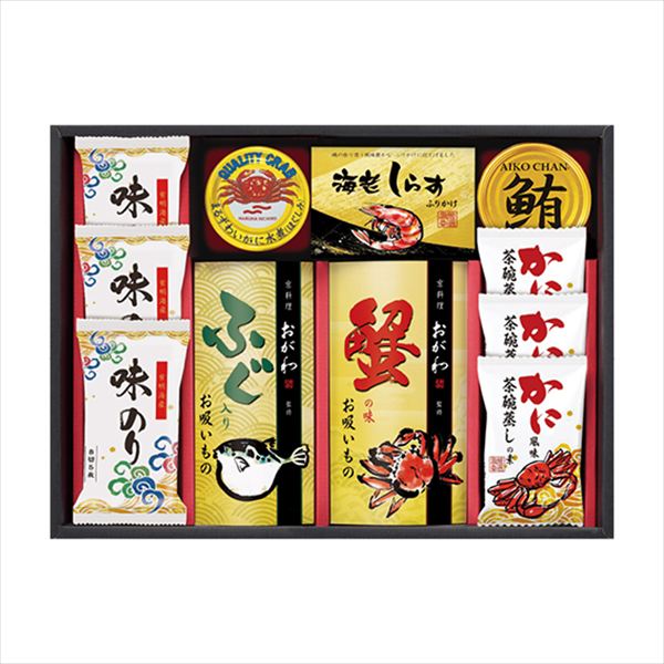 ■商品紹介内容/蟹の味お吸いもの:3.8g×3袋×1・ふぐ入りお吸いもの:3.2g×3袋×1・鮪油漬フレーク:70g×1・海老しらすふりかけ:3g×3袋×1・かに風味茶碗蒸しの素×3・まるずわいがにほぐしみ:55g×1・有明海産味のり:8切5枚×3《乳・小麦・えび・かに》 ■パッケージサイズ：箱寸/285×390×70 ■重量：約670g メーカー希望小売価格はメーカーカタログに基づいて掲載しています ■さまざまなギフトアイテムをご用意しております。 内祝　内祝い　お祝い返し　ウェディングギフト　ブライダルギフト　引き出物　引出物　結婚引き出物　結婚引出物　結婚内祝い　出産内祝い 命名内祝い　入園内祝い　入学内祝い　卒園内祝い　卒業内祝い　就職内祝い　新築内祝い　引越し内祝い　快気内祝い　開店内祝い　二次会 披露宴　お祝い　御祝　結婚式　結婚祝い　出産祝い　初節句　七五三　入園祝い　入学祝い　卒園祝い　卒業祝い　成人式　就職祝い　昇進祝い 新築祝い　上棟祝い　引っ越し祝い　引越し祝い　開店祝い　退職祝い　快気祝い　全快祝い　初老祝い　還暦祝い　古稀祝い　喜寿祝い　傘寿祝い 米寿祝い　卒寿祝い　白寿祝い　長寿祝い　金婚式　銀婚式　ダイヤモンド婚式　結婚記念日　ギフト　ギフトセット　セット　詰め合わせ　贈答品　お返し お礼　御礼　ごあいさつ　ご挨拶　御挨拶　プレゼント　お見舞い　お見舞御礼　お餞別　引越し　引越しご挨拶　記念日　誕生日　父の日　母の日　敬老の日 記念品　卒業記念品　定年退職記念品　ゴルフコンペ　コンペ景品　景品　賞品　粗品　お香典返し　香典返し　志　満中陰志　弔事　会葬御礼　法要 法要引き出物　法要引出物　法事　法事引き出物　法事引出物　忌明け　四十九日　七七日忌明け志　一周忌　三回忌　回忌法要　偲び草　粗供養　初盆 供物　お供え　お中元　御中元　お歳暮　御歳暮　お年賀　御年賀　残暑見舞い　年始挨拶　ボーリング大会　景品　レミパン　ゼリー　スターバックス 千疋屋　結婚式　そうめん　ローラアシュレイ　プリン　話題　ディズニー　カタログギフト　ティファール　ビタクラフト　ステンレスタンブラー　リラックマ のし無料　メッセージカード無料　ラッピング無料 ギフトにぴったりのアイテムをご紹介！ 贈り物に悩んでいる方へ、心温まるギフトアイテムを取り揃えました。高品質な食品、ふわふわのタオル、美しい食器、そしてセンスあふれる雑貨まで、幅広いラインナップであなたの大切な人への思いを伝えます。 特徴 高品質：厳選された素材と丁寧な製造工程で作られた商品ばかり。どれも長く愛用いただけます。 多用途：どんなシーンでも使える万能アイテムが揃っています。誕生日、結婚祝い、新築祝いなど、さまざまな場面に最適です。 デザイン：シンプルで洗練されたデザインから、カラフルで個性的なものまで、多彩なバリエーションをご用意。 お手頃価格：高品質ながら手ごろな価格で、コストパフォーマンスも抜群。 おすすめの用途とシーン 誕生日プレゼント：大切な人の特別な日を祝うために、実用的かつ心温まるギフトを。食品やタオルは、日常で役立つアイテムとして喜ばれます。 結婚祝い：新しい生活を始めるカップルに、美しい食器やおしゃれな雑貨を。幸せな家庭を築くお手伝いができます。 新築祝い：新しい家に引っ越した友人や家族へ、インテリアにぴったりの雑貨や実用的なタオルを。快適な生活をサポートします。 お返しギフト：感謝の気持ちを込めて、おしゃれで実用的なアイテムを。食品はもちろん、使い心地の良いタオルや美しい食器も喜ばれます。 季節の贈り物：お中元やお歳暮、季節の挨拶として、季節に合ったギフトを。夏には涼しげな雑貨、冬には温かみのあるタオルや食品が最適です。 贈る相手に合わせたおすすめ グルメな方へ：美味しい食品を贈れば、食卓が一層華やかに。特別な時間を演出します。 家庭的な方へ：ふわふわのタオルや使いやすい食器で、日常生活に彩りを。 オシャレな方へ：センスあふれる雑貨で、インテリアを一層魅力的に。 まとめ あなたの気持ちを込めたギフト選びをお手伝いします。どれも心を込めて選んだアイテムばかりです。大切な人への贈り物として、自信を持っておすすめします。 商品概要 [分類] 以下のような商品をお探しの方にオススメです。スイーツ スィーツ スウィーツ Sweets ケーキ お菓子 洋菓子 デザート おやつ 小腹対策 食品 食べ物 / チョコレートケーキ チョコレート ガトーショコラ チーズケーキ 生菓子 生ケーキ ベイクドチーズケーキ [評価・マスコミ] ランキング1位のおすすめ(お勧め オススメ) インスタ映え SNS 評判 今話題の人気商品 [サービス] 以下のサービスをご利用いだだけます。不可の場合あり。お取り寄せ 全国配送 全国発送 オーダー 注文 デリバリー 取寄せ 宅配 ネット通販 持ち運び可 / 送料無料 送料込み 無料ギフト対応 日持ち長い 長期保存 賞味期限が長い 名入れ 当日発送 お急ぎ便 即日配送 即日発送 翌日配送 翌日発送 前日に買う あす楽 明日楽 即納 翌日 あす着 明日届く 配送日指定可 冷凍保存可 冷凍保管 冷凍便 ギフトラッピング ギフト対応 予約 メッセージ付き 有料メッセージカード 有料お誕生日カード ホワイトデー当日お届け可能 [パッケージ] 　 以下のような包装でお届けします。詰め合わせ セット アソート 化粧箱入り ラッピング不要 個包装 小分け 手提げ袋（有償） 2重梱包 [デザイン] 以下のようなイメージをお求めの方におすすめです。お洒落 可愛い ゴージャス 高級感 プレミアム サプライズ感 美しい インパクト 面白い 珍しい 希少 驚き シンプル 上品 スタイリッシュ エレガント モダン [ご用途] 工夫次第で様々な用途でご利用いただけます。贈り物 プレゼント ギフト プチギフト 贈答品 お祝い 御祝い 退職祝い 内祝い 出産祝い 出産内祝い 入学祝い 卒業祝い ご褒美 手土産 お土産 お使い物 お返し お礼 ご挨拶 ご進物 お配り 配る ばらまき バレンタインデー バレンタインデイ ヴァレンタイン 友チョコ 義理チョコ 本命チョコ 逆チョコ バレンタインチョコ ホワイトデー ホワイトデイ ホワイトデーのお返し 七五三 ひな祭り こどもの日 ハロウィン クリスマス お中元 お年賀 ウインターギフト 御中元 御歳暮 サマーギフト 残暑見舞い お歳暮 母の日 父の日 敬老の日 敬老会記念品 敬老会 結婚祝い 結婚内祝い 結婚記念日 結婚式二次会 二次会のプチギフト 結婚披露宴の引き出物 引き菓子 ウエディングパーティー 成人祝い 長寿祝い 還暦祝い 古希祝い 古稀祝い 喜寿祝い 傘寿祝い 米寿祝い 卒寿祝い 白寿祝い 紀寿祝い 百寿祝い 成人式 セレモニー イベント 内祝い 快気祝い 快気内祝い 出産内祝い 出産祝い 記念日 お返し ご進物 御使い物 お礼 ご挨拶 御礼 ご祝儀 祝儀の品 お使い物 ノベルティー 粗品 景品 長寿 法事 法要 仏事 年忌法事 志 粗供養 供養返し 香典返し 満中陰志 御供え お供え 御供物 弔事 七五三 ひな祭り 入学祝い 卒業祝い 卒園祝い 退職祝い 入社祝い 成人式 成人式のお祝い 朝食 食事代わり ティータイム ブレイクタイム ホームパーティー クリスマスケーキ 誕生日プレゼント 誕生祝い バースデーケーキ 学校 会社 職場 法人 取引先 部活 イベント サークル 介護施設 [おすすめの方] 以下のような様々なお客様にお喜びいただいております。10代 20代 30代 40代 50代 60代 70代 80代 90代 100歳以上 お母さん お父さん ママ パパ 兄弟姉妹 彼氏 彼女 恋人 義理の母 叔父さん 親戚の お嬢さん 大家族 家族 赤ちゃん 祖父 祖母 叔父 叔母 孫 おじいちゃん おばあちゃん じいじ ばあば 夫 旦那 妻 奥様 お嫁さん 奥さん 親 両親 娘 同僚 友達 仲間 友人 親友 上司 部下 先輩 後輩 お世話になった方 恩師 先生 大人数 女友達 法人 女性 男性 大人 子ども 子供用 小学生 中学生 高校生 男の子 女の子 辛党 甘党 甘いものが苦手 高齢者 お年寄り [その他おすすめ] 以下のような商品に興味のある方にもオススメです。大量 大量購入 財布に優しい 大人数 業務用 大量スイーツ お試し コスパ良い /とっておきのギフトを贈る。ギフト専門店のおすすめ商品ですもらう方が嬉しい、使い勝手のいい進物商品。