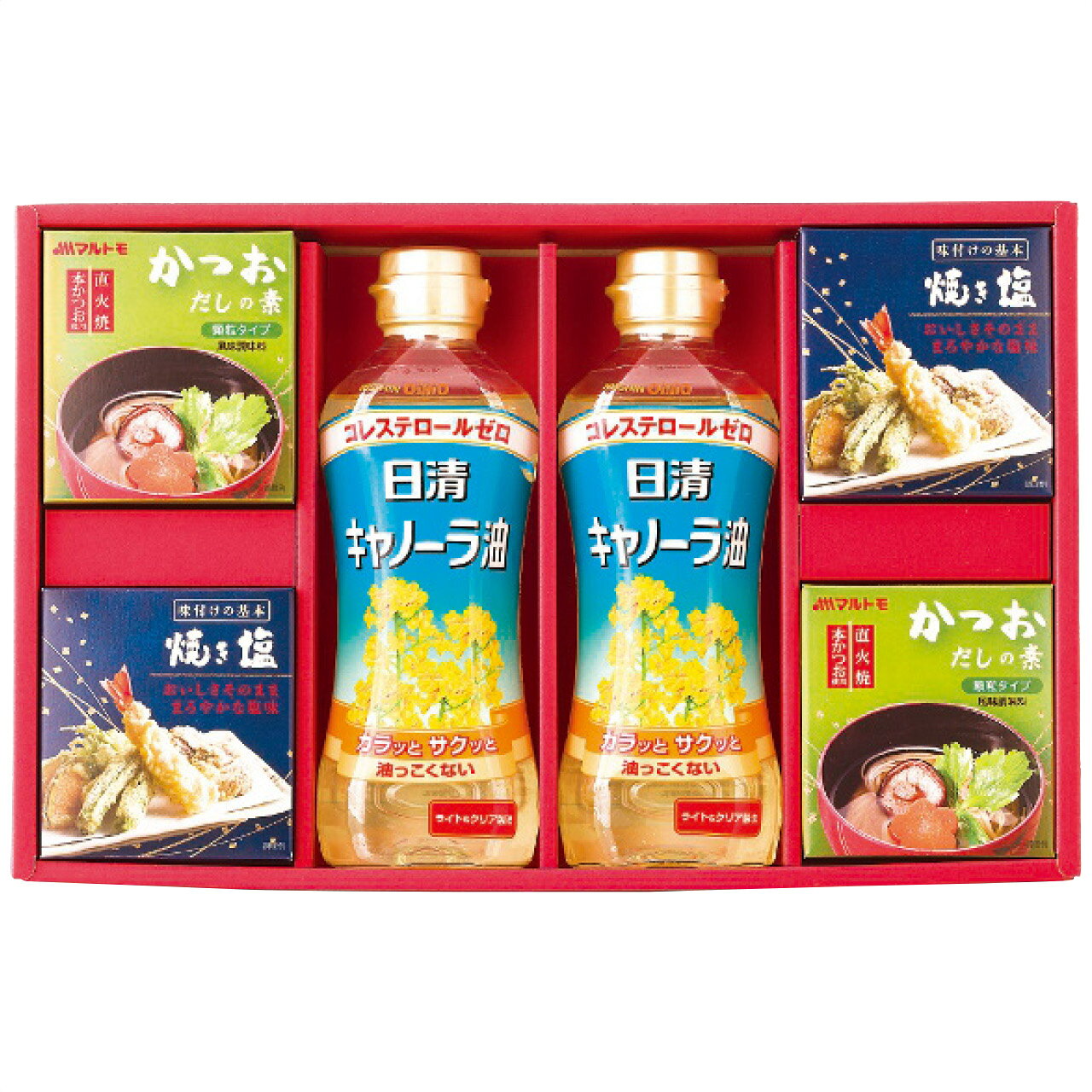 ■お歳暮専用商品となります。商品出荷日：11月上旬から12月上旬ごろ ■商品紹介：キャノーラ油、かつおだしの素、焼き塩など、いつもの料理の味わいを豊かにする調味料を詰合せました。和食、洋食、中華と幅広く使っていただけるバラエティ調味料ギフトです。 ■商品内容：日清キャノーラ油350g×2本・マルトモかつおだしの素(4g×6袋)・焼き塩(20g×2袋)各2箱 ■パッケージサイズ： ■商品重量：1220g ■賞味期限：製造日より常温約540日 常温 メーカー希望小売価格はメーカーカタログに基づいて掲載しています ■さまざまなギフトアイテムをご用意しております。 内祝　内祝い　お祝い返し　ウェディングギフト　ブライダルギフト　引き出物　引出物　結婚引き出物　結婚引出物　結婚内祝い　出産内祝い 命名内祝い　入園内祝い　入学内祝い　卒園内祝い　卒業内祝い　就職内祝い　新築内祝い　引越し内祝い　快気内祝い　開店内祝い　二次会 披露宴　お祝い　御祝　結婚式　結婚祝い　出産祝い　初節句　七五三　入園祝い　入学祝い　卒園祝い　卒業祝い　成人式　就職祝い　昇進祝い 新築祝い　上棟祝い　引っ越し祝い　引越し祝い　開店祝い　退職祝い　快気祝い　全快祝い　初老祝い　還暦祝い　古稀祝い　喜寿祝い　傘寿祝い 米寿祝い　卒寿祝い　白寿祝い　長寿祝い　金婚式　銀婚式　ダイヤモンド婚式　結婚記念日　ギフト　ギフトセット　セット　詰め合わせ　贈答品　お返し お礼　御礼　ごあいさつ　ご挨拶　御挨拶　プレゼント　お見舞い　お見舞御礼　お餞別　引越し　引越しご挨拶　記念日　誕生日　父の日　母の日　敬老の日 記念品　卒業記念品　定年退職記念品　ゴルフコンペ　コンペ景品　景品　賞品　粗品　お香典返し　香典返し　志　満中陰志　弔事　会葬御礼　法要 法要引き出物　法要引出物　法事　法事引き出物　法事引出物　忌明け　四十九日　七七日忌明け志　一周忌　三回忌　回忌法要　偲び草　粗供養　初盆 供物　お供え　お中元　御中元　お歳暮　御歳暮　お年賀　御年賀　残暑見舞い　年始挨拶　ボーリング大会　景品　レミパン　ゼリー　スターバックス 千疋屋　結婚式　そうめん　ローラアシュレイ　プリン　話題　ディズニー　カタログギフト　ティファール　ビタクラフト　ステンレスタンブラー　リラックマ のし無料　メッセージカード無料　ラッピング無料 ギフトにぴったりのアイテムをご紹介！ 贈り物に悩んでいる方へ、心温まるギフトアイテムを取り揃えました。高品質な食品、ふわふわのタオル、美しい食器、そしてセンスあふれる雑貨まで、幅広いラインナップであなたの大切な人への思いを伝えます。 特徴 高品質：厳選された素材と丁寧な製造工程で作られた商品ばかり。どれも長く愛用いただけます。 多用途：どんなシーンでも使える万能アイテムが揃っています。誕生日、結婚祝い、新築祝いなど、さまざまな場面に最適です。 デザイン：シンプルで洗練されたデザインから、カラフルで個性的なものまで、多彩なバリエーションをご用意。 お手頃価格：高品質ながら手ごろな価格で、コストパフォーマンスも抜群。 おすすめの用途とシーン 誕生日プレゼント：大切な人の特別な日を祝うために、実用的かつ心温まるギフトを。食品やタオルは、日常で役立つアイテムとして喜ばれます。 結婚祝い：新しい生活を始めるカップルに、美しい食器やおしゃれな雑貨を。幸せな家庭を築くお手伝いができます。 新築祝い：新しい家に引っ越した友人や家族へ、インテリアにぴったりの雑貨や実用的なタオルを。快適な生活をサポートします。 お返しギフト：感謝の気持ちを込めて、おしゃれで実用的なアイテムを。食品はもちろん、使い心地の良いタオルや美しい食器も喜ばれます。 季節の贈り物：お中元やお歳暮、季節の挨拶として、季節に合ったギフトを。夏には涼しげな雑貨、冬には温かみのあるタオルや食品が最適です。 贈る相手に合わせたおすすめ グルメな方へ：美味しい食品を贈れば、食卓が一層華やかに。特別な時間を演出します。 家庭的な方へ：ふわふわのタオルや使いやすい食器で、日常生活に彩りを。 オシャレな方へ：センスあふれる雑貨で、インテリアを一層魅力的に。 まとめ あなたの気持ちを込めたギフト選びをお手伝いします。どれも心を込めて選んだアイテムばかりです。大切な人への贈り物として、自信を持っておすすめします。 商品概要 [分類] 以下のような商品をお探しの方にオススメです。スイーツ スィーツ スウィーツ Sweets ケーキ お菓子 洋菓子 デザート おやつ 小腹対策 食品 食べ物 / チョコレートケーキ チョコレート ガトーショコラ チーズケーキ 生菓子 生ケーキ ベイクドチーズケーキ [評価・マスコミ] ランキング1位のおすすめ(お勧め オススメ) インスタ映え SNS 評判 今話題の人気商品 [サービス] 以下のサービスをご利用いだだけます。不可の場合あり。お取り寄せ 全国配送 全国発送 オーダー 注文 デリバリー 取寄せ 宅配 ネット通販 持ち運び可 / 送料無料 送料込み 無料ギフト対応 日持ち長い 長期保存 賞味期限が長い 名入れ 当日発送 お急ぎ便 即日配送 即日発送 翌日配送 翌日発送 前日に買う あす楽 明日楽 即納 翌日 あす着 明日届く 配送日指定可 冷凍保存可 冷凍保管 冷凍便 ギフトラッピング ギフト対応 予約 メッセージ付き 有料メッセージカード 有料お誕生日カード ホワイトデー当日お届け可能 [パッケージ] 　 以下のような包装でお届けします。詰め合わせ セット アソート 化粧箱入り ラッピング不要 個包装 小分け 手提げ袋（有償） 2重梱包 [デザイン] 以下のようなイメージをお求めの方におすすめです。お洒落 可愛い ゴージャス 高級感 プレミアム サプライズ感 美しい インパクト 面白い 珍しい 希少 驚き シンプル 上品 スタイリッシュ エレガント モダン [ご用途] 工夫次第で様々な用途でご利用いただけます。贈り物 プレゼント ギフト プチギフト 贈答品 お祝い 御祝い 退職祝い 内祝い 出産祝い 出産内祝い 入学祝い 卒業祝い ご褒美 手土産 お土産 お使い物 お返し お礼 ご挨拶 ご進物 お配り 配る ばらまき バレンタインデー バレンタインデイ ヴァレンタイン 友チョコ 義理チョコ 本命チョコ 逆チョコ バレンタインチョコ ホワイトデー ホワイトデイ ホワイトデーのお返し 七五三 ひな祭り こどもの日 ハロウィン クリスマス お中元 お年賀 ウインターギフト 御中元 御歳暮 サマーギフト 残暑見舞い お歳暮 母の日 父の日 敬老の日 敬老会記念品 敬老会 結婚祝い 結婚内祝い 結婚記念日 結婚式二次会 二次会のプチギフト 結婚披露宴の引き出物 引き菓子 ウエディングパーティー 成人祝い 長寿祝い 還暦祝い 古希祝い 古稀祝い 喜寿祝い 傘寿祝い 米寿祝い 卒寿祝い 白寿祝い 紀寿祝い 百寿祝い 成人式 セレモニー イベント 内祝い 快気祝い 快気内祝い 出産内祝い 出産祝い 記念日 お返し ご進物 御使い物 お礼 ご挨拶 御礼 ご祝儀 祝儀の品 お使い物 ノベルティー 粗品 景品 長寿 法事 法要 仏事 年忌法事 志 粗供養 供養返し 香典返し 満中陰志 御供え お供え 御供物 弔事 七五三 ひな祭り 入学祝い 卒業祝い 卒園祝い 退職祝い 入社祝い 成人式 成人式のお祝い 朝食 食事代わり ティータイム ブレイクタイム ホームパーティー クリスマスケーキ 誕生日プレゼント 誕生祝い バースデーケーキ 学校 会社 職場 法人 取引先 部活 イベント サークル 介護施設 [おすすめの方] 以下のような様々なお客様にお喜びいただいております。10代 20代 30代 40代 50代 60代 70代 80代 90代 100歳以上 お母さん お父さん ママ パパ 兄弟姉妹 彼氏 彼女 恋人 義理の母 叔父さん 親戚の お嬢さん 大家族 家族 赤ちゃん 祖父 祖母 叔父 叔母 孫 おじいちゃん おばあちゃん じいじ ばあば 夫 旦那 妻 奥様 お嫁さん 奥さん 親 両親 娘 同僚 友達 仲間 友人 親友 上司 部下 先輩 後輩 お世話になった方 恩師 先生 大人数 女友達 法人 女性 男性 大人 子ども 子供用 小学生 中学生 高校生 男の子 女の子 辛党 甘党 甘いものが苦手 高齢者 お年寄り [その他おすすめ] 以下のような商品に興味のある方にもオススメです。大量 大量購入 財布に優しい 大人数 業務用 大量スイーツ お試し コスパ良い /キャノーラ油、かつおだしの素、焼き塩など、いつもの料理の味わいを豊かにする調味料を詰合せました。和食、洋食、中華と幅広く使っていただけるバラエティ調味料ギフトです。