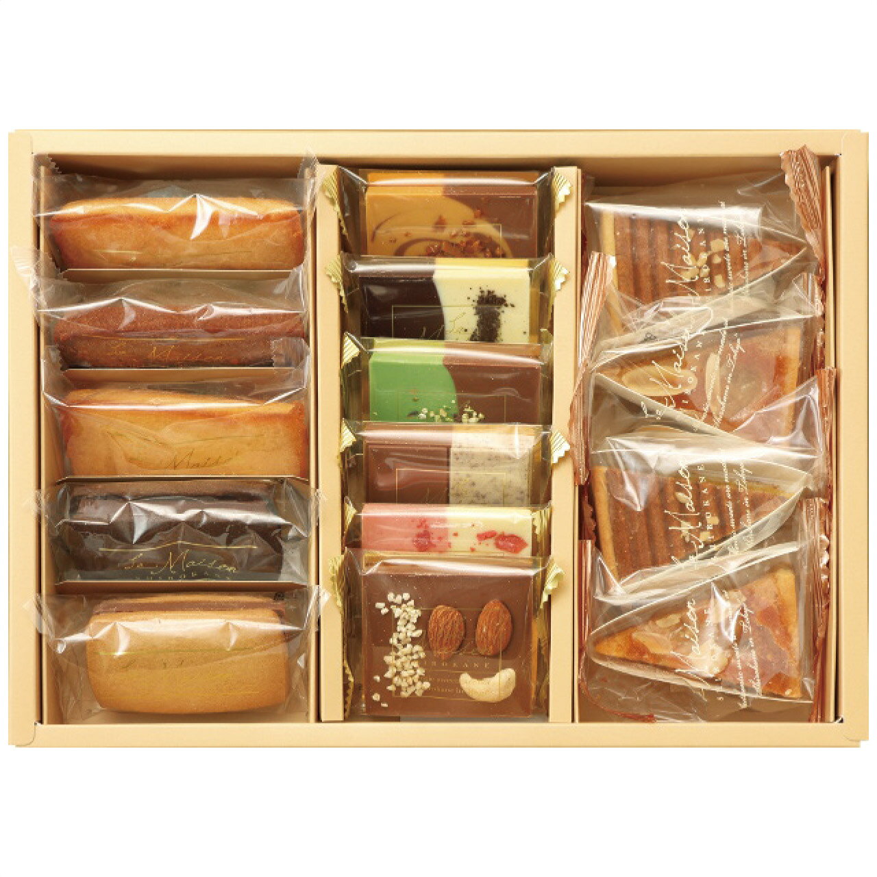 ■お歳暮専用商品となります。商品出荷日：11月上旬から12月上旬ごろ ■商品紹介：贈って、贈られて嬉しいギフト「ラ・メゾン白金」の人気商品と季節商品をアソートした『白金セレクション』定番人気のショコラサンド、ビターとキャラメルに、彩り豊かなタブレットショコラ6種と焦がしバターを使用した、風味豊かなショコラフィナンシェ、季節限定のタルトを詰め合わせました。 ■商品内容：タブレット(クッキーミルク・ミルクキャラメル・ティラミス・ピスタチオ・ミルク＆ナッツ・ホワイトストロベリー各1枚)・フィナンシェ(ホワイト2個・ミルク1個)・ショコラサンド(ビター・キャラメル各1個)・タルト(キャラメルアップル・マロン各2個) ■パッケージサイズ： ■商品重量：710g ■賞味期限：製造日より常温約75日 常温 メーカー希望小売価格はメーカーカタログに基づいて掲載しています ■さまざまなギフトアイテムをご用意しております。 内祝　内祝い　お祝い返し　ウェディングギフト　ブライダルギフト　引き出物　引出物　結婚引き出物　結婚引出物　結婚内祝い　出産内祝い 命名内祝い　入園内祝い　入学内祝い　卒園内祝い　卒業内祝い　就職内祝い　新築内祝い　引越し内祝い　快気内祝い　開店内祝い　二次会 披露宴　お祝い　御祝　結婚式　結婚祝い　出産祝い　初節句　七五三　入園祝い　入学祝い　卒園祝い　卒業祝い　成人式　就職祝い　昇進祝い 新築祝い　上棟祝い　引っ越し祝い　引越し祝い　開店祝い　退職祝い　快気祝い　全快祝い　初老祝い　還暦祝い　古稀祝い　喜寿祝い　傘寿祝い 米寿祝い　卒寿祝い　白寿祝い　長寿祝い　金婚式　銀婚式　ダイヤモンド婚式　結婚記念日　ギフト　ギフトセット　セット　詰め合わせ　贈答品　お返し お礼　御礼　ごあいさつ　ご挨拶　御挨拶　プレゼント　お見舞い　お見舞御礼　お餞別　引越し　引越しご挨拶　記念日　誕生日　父の日　母の日　敬老の日 記念品　卒業記念品　定年退職記念品　ゴルフコンペ　コンペ景品　景品　賞品　粗品　お香典返し　香典返し　志　満中陰志　弔事　会葬御礼　法要 法要引き出物　法要引出物　法事　法事引き出物　法事引出物　忌明け　四十九日　七七日忌明け志　一周忌　三回忌　回忌法要　偲び草　粗供養　初盆 供物　お供え　お中元　御中元　お歳暮　御歳暮　お年賀　御年賀　残暑見舞い　年始挨拶　ボーリング大会　景品　レミパン　ゼリー　スターバックス 千疋屋　結婚式　そうめん　ローラアシュレイ　プリン　話題　ディズニー　カタログギフト　ティファール　ビタクラフト　ステンレスタンブラー　リラックマ のし無料　メッセージカード無料　ラッピング無料 ギフトにぴったりのアイテムをご紹介！ 贈り物に悩んでいる方へ、心温まるギフトアイテムを取り揃えました。高品質な食品、ふわふわのタオル、美しい食器、そしてセンスあふれる雑貨まで、幅広いラインナップであなたの大切な人への思いを伝えます。 特徴 高品質：厳選された素材と丁寧な製造工程で作られた商品ばかり。どれも長く愛用いただけます。 多用途：どんなシーンでも使える万能アイテムが揃っています。誕生日、結婚祝い、新築祝いなど、さまざまな場面に最適です。 デザイン：シンプルで洗練されたデザインから、カラフルで個性的なものまで、多彩なバリエーションをご用意。 お手頃価格：高品質ながら手ごろな価格で、コストパフォーマンスも抜群。 おすすめの用途とシーン 誕生日プレゼント：大切な人の特別な日を祝うために、実用的かつ心温まるギフトを。食品やタオルは、日常で役立つアイテムとして喜ばれます。 結婚祝い：新しい生活を始めるカップルに、美しい食器やおしゃれな雑貨を。幸せな家庭を築くお手伝いができます。 新築祝い：新しい家に引っ越した友人や家族へ、インテリアにぴったりの雑貨や実用的なタオルを。快適な生活をサポートします。 お返しギフト：感謝の気持ちを込めて、おしゃれで実用的なアイテムを。食品はもちろん、使い心地の良いタオルや美しい食器も喜ばれます。 季節の贈り物：お中元やお歳暮、季節の挨拶として、季節に合ったギフトを。夏には涼しげな雑貨、冬には温かみのあるタオルや食品が最適です。 贈る相手に合わせたおすすめ グルメな方へ：美味しい食品を贈れば、食卓が一層華やかに。特別な時間を演出します。 家庭的な方へ：ふわふわのタオルや使いやすい食器で、日常生活に彩りを。 オシャレな方へ：センスあふれる雑貨で、インテリアを一層魅力的に。 まとめ あなたの気持ちを込めたギフト選びをお手伝いします。どれも心を込めて選んだアイテムばかりです。大切な人への贈り物として、自信を持っておすすめします。 商品概要 [分類] 以下のような商品をお探しの方にオススメです。スイーツ スィーツ スウィーツ Sweets ケーキ お菓子 洋菓子 デザート おやつ 小腹対策 食品 食べ物 / チョコレートケーキ チョコレート ガトーショコラ チーズケーキ 生菓子 生ケーキ ベイクドチーズケーキ [評価・マスコミ] ランキング1位のおすすめ(お勧め オススメ) インスタ映え SNS 評判 今話題の人気商品 [サービス] 以下のサービスをご利用いだだけます。不可の場合あり。お取り寄せ 全国配送 全国発送 オーダー 注文 デリバリー 取寄せ 宅配 ネット通販 持ち運び可 / 送料無料 送料込み 無料ギフト対応 日持ち長い 長期保存 賞味期限が長い 名入れ 当日発送 お急ぎ便 即日配送 即日発送 翌日配送 翌日発送 前日に買う あす楽 明日楽 即納 翌日 あす着 明日届く 配送日指定可 冷凍保存可 冷凍保管 冷凍便 ギフトラッピング ギフト対応 予約 メッセージ付き 有料メッセージカード 有料お誕生日カード ホワイトデー当日お届け可能 [パッケージ] 　 以下のような包装でお届けします。詰め合わせ セット アソート 化粧箱入り ラッピング不要 個包装 小分け 手提げ袋（有償） 2重梱包 [デザイン] 以下のようなイメージをお求めの方におすすめです。お洒落 可愛い ゴージャス 高級感 プレミアム サプライズ感 美しい インパクト 面白い 珍しい 希少 驚き シンプル 上品 スタイリッシュ エレガント モダン [ご用途] 工夫次第で様々な用途でご利用いただけます。贈り物 プレゼント ギフト プチギフト 贈答品 お祝い 御祝い 退職祝い 内祝い 出産祝い 出産内祝い 入学祝い 卒業祝い ご褒美 手土産 お土産 お使い物 お返し お礼 ご挨拶 ご進物 お配り 配る ばらまき バレンタインデー バレンタインデイ ヴァレンタイン 友チョコ 義理チョコ 本命チョコ 逆チョコ バレンタインチョコ ホワイトデー ホワイトデイ ホワイトデーのお返し 七五三 ひな祭り こどもの日 ハロウィン クリスマス お中元 お年賀 ウインターギフト 御中元 御歳暮 サマーギフト 残暑見舞い お歳暮 母の日 父の日 敬老の日 敬老会記念品 敬老会 結婚祝い 結婚内祝い 結婚記念日 結婚式二次会 二次会のプチギフト 結婚披露宴の引き出物 引き菓子 ウエディングパーティー 成人祝い 長寿祝い 還暦祝い 古希祝い 古稀祝い 喜寿祝い 傘寿祝い 米寿祝い 卒寿祝い 白寿祝い 紀寿祝い 百寿祝い 成人式 セレモニー イベント 内祝い 快気祝い 快気内祝い 出産内祝い 出産祝い 記念日 お返し ご進物 御使い物 お礼 ご挨拶 御礼 ご祝儀 祝儀の品 お使い物 ノベルティー 粗品 景品 長寿 法事 法要 仏事 年忌法事 志 粗供養 供養返し 香典返し 満中陰志 御供え お供え 御供物 弔事 七五三 ひな祭り 入学祝い 卒業祝い 卒園祝い 退職祝い 入社祝い 成人式 成人式のお祝い 朝食 食事代わり ティータイム ブレイクタイム ホームパーティー クリスマスケーキ 誕生日プレゼント 誕生祝い バースデーケーキ 学校 会社 職場 法人 取引先 部活 イベント サークル 介護施設 [おすすめの方] 以下のような様々なお客様にお喜びいただいております。10代 20代 30代 40代 50代 60代 70代 80代 90代 100歳以上 お母さん お父さん ママ パパ 兄弟姉妹 彼氏 彼女 恋人 義理の母 叔父さん 親戚の お嬢さん 大家族 家族 赤ちゃん 祖父 祖母 叔父 叔母 孫 おじいちゃん おばあちゃん じいじ ばあば 夫 旦那 妻 奥様 お嫁さん 奥さん 親 両親 娘 同僚 友達 仲間 友人 親友 上司 部下 先輩 後輩 お世話になった方 恩師 先生 大人数 女友達 法人 女性 男性 大人 子ども 子供用 小学生 中学生 高校生 男の子 女の子 辛党 甘党 甘いものが苦手 高齢者 お年寄り [その他おすすめ] 以下のような商品に興味のある方にもオススメです。大量 大量購入 財布に優しい 大人数 業務用 大量スイーツ お試し コスパ良い /贈って、贈られて嬉しいギフト「ラ・メゾン白金」の人気商品と季節商品をアソートした『白金セレクション』定番人気のショコラサンド、ビターとキャラメルに、彩り豊かなタブレットショコラ6種と焦がしバターを使用した、風味豊かなショコラフィナンシェ、季節限定のタルトを詰め合わせました。