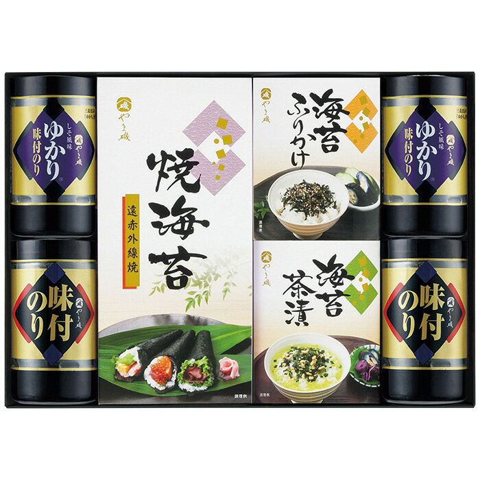 ■商品紹介：口どけの良い海苔に有機丸大豆醤油使用のたれで調味した旨味のある味付海苔、三島食品「ゆかり」をブレンドしたたれで調味した赤しそ風味の味付海苔、遠赤外線でむらなく焼き上げた豊かな香りとパリッとした食感の焼海苔、風味のよい海苔とあられ・抹茶などをブレンドしさっぱりとした後味に仕上げたお茶漬け、やま磯自慢の味付海苔を贅沢に使用した香ばしいごまとの相性が抜群のふりかけの詰合せです。 ■商品内容：味付のり(8切24枚)・しそ風味のり(8切24枚)各2個・焼のり(2切6枚2袋)・のり茶漬け(5.5g×3袋)・のりふりかけ(5g×3袋)各1箱 ■商品パッケージサイズ：38×7.3×27.5cm メーカー希望小売価格はメーカーカタログに基づいて掲載しています ■さまざまなギフトアイテムをご用意しております。 内祝　内祝い　お祝い返し　ウェディングギフト　ブライダルギフト　引き出物　引出物　結婚引き出物　結婚引出物　結婚内祝い　出産内祝い命名内祝い　入園内祝い　入学内祝い　卒園内祝い　卒業内祝い　就職内祝い　新築内祝い　引越し内祝い　快気内祝い　開店内祝い　二次会披露宴　お祝い　御祝　結婚式　結婚祝い　出産祝い　初節句　七五三　入園祝い　入学祝い　卒園祝い　卒業祝い　成人式　就職祝い　昇進祝い新築祝い　上棟祝い　引っ越し祝い　引越し祝い　開店祝い　退職祝い　快気祝い　全快祝い　初老祝い　還暦祝い　古稀祝い　喜寿祝い　傘寿祝い米寿祝い　卒寿祝い　白寿祝い　長寿祝い　金婚式　銀婚式　ダイヤモンド婚式　結婚記念日　ギフト　ギフトセット　セット　詰め合わせ　贈答品　お返しお礼　御礼　ごあいさつ　ご挨拶　御挨拶　プレゼント　お見舞い　お見舞御礼　お餞別　引越し　引越しご挨拶　記念日　誕生日　父の日　母の日　敬老の日記念品　卒業記念品　定年退職記念品　ゴルフコンペ　コンペ景品　景品　賞品　粗品　お香典返し　香典返し　志　満中陰志　弔事　会葬御礼　法要法要引き出物　法要引出物　法事　法事引き出物　法事引出物　忌明け　四十九日　七七日忌明け志　一周忌　三回忌　回忌法要　偲び草　粗供養　初盆供物　お供え　お中元　御中元　お歳暮　御歳暮　お年賀　御年賀　残暑見舞い　年始挨拶　ボーリング大会　景品　レミパン　ゼリー　スターバックス千疋屋　結婚式　そうめん　ローラアシュレイ　プリン　話題　ディズニー　カタログギフト　ティファール　ビタクラフト　ステンレスタンブラー　リラックマのし無料　メッセージカード無料　ラッピング無料 ギフトにぴったりのアイテムをご紹介！贈り物に悩んでいる方へ、心温まるギフトアイテムを取り揃えました。高品質な食品、ふわふわのタオル、美しい食器、そしてセンスあふれる雑貨まで、幅広いラインナップであなたの大切な人への思いを伝えます。 特徴 高品質：厳選された素材と丁寧な製造工程で作られた商品ばかり。どれも長く愛用いただけます。 多用途：どんなシーンでも使える万能アイテムが揃っています。誕生日、結婚祝い、新築祝いなど、さまざまな場面に最適です。 デザイン：シンプルで洗練されたデザインから、カラフルで個性的なものまで、多彩なバリエーションをご用意。 お手頃価格：高品質ながら手ごろな価格で、コストパフォーマンスも抜群。おすすめの用途とシーン 誕生日プレゼント：大切な人の特別な日を祝うために、実用的かつ心温まるギフトを。食品やタオルは、日常で役立つアイテムとして喜ばれます。 結婚祝い：新しい生活を始めるカップルに、美しい食器やおしゃれな雑貨を。幸せな家庭を築くお手伝いができます。 新築祝い：新しい家に引っ越した友人や家族へ、インテリアにぴったりの雑貨や実用的なタオルを。快適な生活をサポートします。 お返しギフト：感謝の気持ちを込めて、おしゃれで実用的なアイテムを。食品はもちろん、使い心地の良いタオルや美しい食器も喜ばれます。 季節の贈り物：お中元やお歳暮、季節の挨拶として、季節に合ったギフトを。夏には涼しげな雑貨、冬には温かみのあるタオルや食品が最適です。 贈る相手に合わせたおすすめ グルメな方へ：美味しい食品を贈れば、食卓が一層華やかに。特別な時間を演出します。 家庭的な方へ：ふわふわのタオルや使いやすい食器で、日常生活に彩りを。 オシャレな方へ：センスあふれる雑貨で、インテリアを一層魅力的に。 まとめ あなたの気持ちを込めたギフト選びをお手伝いします。どれも心を込めて選んだアイテムばかりです。大切な人への贈り物として、自信を持っておすすめします。 商品概要 [分類] 以下のような商品をお探しの方にオススメです。スイーツ スィーツ スウィーツ Sweets ケーキ お菓子 洋菓子 デザート おやつ 小腹対策 食品 食べ物 / チョコレートケーキ チョコレート ガトーショコラ チーズケーキ 生菓子 生ケーキ ベイクドチーズケーキ [評価・マスコミ] ランキング1位のおすすめ(お勧め オススメ) インスタ映え SNS 評判 今話題の人気商品 [サービス] 以下のサービスをご利用いだだけます。不可の場合あり。お取り寄せ 全国配送 全国発送 オーダー 注文 デリバリー 取寄せ 宅配 ネット通販 持ち運び可 / 送料無料 送料込み 無料ギフト対応 日持ち長い 長期保存 賞味期限が長い 名入れ 当日発送 お急ぎ便 即日配送 即日発送 翌日配送 翌日発送 前日に買う あす楽 明日楽 即納 翌日 あす着 明日届く 配送日指定可 冷凍保存可 冷凍保管 冷凍便 ギフトラッピング ギフト対応 予約 メッセージ付き 有料メッセージカード 有料お誕生日カード ホワイトデー当日お届け可能 [パッケージ] 　 以下のような包装でお届けします。詰め合わせ セット アソート 化粧箱入り ラッピング不要 個包装 小分け 手提げ袋（有償） 2重梱包 [デザイン] 以下のようなイメージをお求めの方におすすめです。お洒落 可愛い ゴージャス 高級感 プレミアム サプライズ感 美しい インパクト 面白い 珍しい 希少 驚き シンプル 上品 スタイリッシュ エレガント モダン [ご用途] 工夫次第で様々な用途でご利用いただけます。贈り物 プレゼント ギフト プチギフト 贈答品 お祝い 御祝い 退職祝い 内祝い 出産祝い 出産内祝い 入学祝い 卒業祝い ご褒美 手土産 お土産 お使い物 お返し お礼 ご挨拶 ご進物 お配り 配る ばらまき バレンタインデー バレンタインデイ ヴァレンタイン 友チョコ 義理チョコ 本命チョコ 逆チョコ バレンタインチョコ ホワイトデー ホワイトデイ ホワイトデーのお返し 七五三 ひな祭り こどもの日 ハロウィン クリスマス お中元 お年賀 ウインターギフト 御中元 御歳暮 サマーギフト 残暑見舞い お歳暮 母の日 父の日 敬老の日 敬老会記念品 敬老会 結婚祝い 結婚内祝い 結婚記念日 結婚式二次会 二次会のプチギフト 結婚披露宴の引き出物 引き菓子 ウエディングパーティー 成人祝い 長寿祝い 還暦祝い 古希祝い 古稀祝い 喜寿祝い 傘寿祝い 米寿祝い 卒寿祝い 白寿祝い 紀寿祝い 百寿祝い 成人式 セレモニー イベント 内祝い 快気祝い 快気内祝い 出産内祝い 出産祝い 記念日 お返し ご進物 御使い物 お礼 ご挨拶 御礼 ご祝儀 祝儀の品 お使い物 ノベルティー 粗品 景品 長寿 法事 法要 仏事 年忌法事 志 粗供養 供養返し 香典返し 満中陰志 御供え お供え 御供物 弔事 七五三 ひな祭り 入学祝い 卒業祝い 卒園祝い 退職祝い 入社祝い 成人式 成人式のお祝い 朝食 食事代わり ティータイム ブレイクタイム ホームパーティー クリスマスケーキ 誕生日プレゼント 誕生祝い バースデーケーキ 学校 会社 職場 法人 取引先 部活 イベント サークル 介護施設 [おすすめの方] 以下のような様々なお客様にお喜びいただいております。10代 20代 30代 40代 50代 60代 70代 80代 90代 100歳以上 お母さん お父さん ママ パパ 兄弟姉妹 彼氏 彼女 恋人 義理の母 叔父さん 親戚の お嬢さん 大家族 家族 赤ちゃん 祖父 祖母 叔父 叔母 孫 おじいちゃん おばあちゃん じいじ ばあば 夫 旦那 妻 奥様 お嫁さん 奥さん 親 両親 娘 同僚 友達 仲間 友人 親友 上司 部下 先輩 後輩 お世話になった方 恩師 先生 大人数 女友達 法人 女性 男性 大人 子ども 子供用 小学生 中学生 高校生 男の子 女の子 辛党 甘党 甘いものが苦手 高齢者 お年寄り [その他おすすめ] 以下のような商品に興味のある方にもオススメです。大量 大量購入 財布に優しい 大人数 業務用 大量スイーツ お試し コスパ良い /口どけの良い海苔に有機丸大豆醤油使用のたれで調味した旨味のある味付海苔、三島食品「ゆかり」をブレンドしたたれで調味した赤しそ風味の味付海苔、遠赤外線でむらなく焼き上げた豊かな香りとパリッとした食感の焼海苔、風味のよい海苔とあられ・抹茶などをブレンドしさっぱりとした後味に仕上げたお茶漬け、やま磯自慢の味付海苔を贅沢に使用した香ばしいごまとの相性が抜群のふりかけの詰合せです。