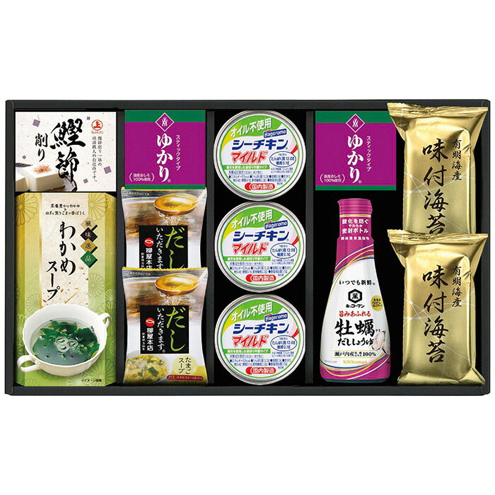 ■商品紹介：誰にでも喜ばれる毎日の食卓に欠かせない和の詰合せ ■商品内容：三島食品ゆかりスティックタイプ(1.7g×4袋)2個・鰹節削り(1.5g×2袋)・わかめスープ(5.3g×2袋)各1個・たまごスープ5.4g・有明海産味付海苔(8切4枚)各2袋・はごろもフーズオイル不使用シーチキンマイルド70g×3缶・キッコーマン牡蠣だししょうゆ200ml×1本 ■商品パッケージサイズ：42.5×7×25cm メーカー希望小売価格はメーカーカタログに基づいて掲載しています ■さまざまなギフトアイテムをご用意しております。 内祝　内祝い　お祝い返し　ウェディングギフト　ブライダルギフト　引き出物　引出物　結婚引き出物　結婚引出物　結婚内祝い　出産内祝い命名内祝い　入園内祝い　入学内祝い　卒園内祝い　卒業内祝い　就職内祝い　新築内祝い　引越し内祝い　快気内祝い　開店内祝い　二次会披露宴　お祝い　御祝　結婚式　結婚祝い　出産祝い　初節句　七五三　入園祝い　入学祝い　卒園祝い　卒業祝い　成人式　就職祝い　昇進祝い新築祝い　上棟祝い　引っ越し祝い　引越し祝い　開店祝い　退職祝い　快気祝い　全快祝い　初老祝い　還暦祝い　古稀祝い　喜寿祝い　傘寿祝い米寿祝い　卒寿祝い　白寿祝い　長寿祝い　金婚式　銀婚式　ダイヤモンド婚式　結婚記念日　ギフト　ギフトセット　セット　詰め合わせ　贈答品　お返しお礼　御礼　ごあいさつ　ご挨拶　御挨拶　プレゼント　お見舞い　お見舞御礼　お餞別　引越し　引越しご挨拶　記念日　誕生日　父の日　母の日　敬老の日記念品　卒業記念品　定年退職記念品　ゴルフコンペ　コンペ景品　景品　賞品　粗品　お香典返し　香典返し　志　満中陰志　弔事　会葬御礼　法要法要引き出物　法要引出物　法事　法事引き出物　法事引出物　忌明け　四十九日　七七日忌明け志　一周忌　三回忌　回忌法要　偲び草　粗供養　初盆供物　お供え　お中元　御中元　お歳暮　御歳暮　お年賀　御年賀　残暑見舞い　年始挨拶　ボーリング大会　景品　レミパン　ゼリー　スターバックス千疋屋　結婚式　そうめん　ローラアシュレイ　プリン　話題　ディズニー　カタログギフト　ティファール　ビタクラフト　ステンレスタンブラー　リラックマのし無料　メッセージカード無料　ラッピング無料 ギフトにぴったりのアイテムをご紹介！贈り物に悩んでいる方へ、心温まるギフトアイテムを取り揃えました。高品質な食品、ふわふわのタオル、美しい食器、そしてセンスあふれる雑貨まで、幅広いラインナップであなたの大切な人への思いを伝えます。 特徴 高品質：厳選された素材と丁寧な製造工程で作られた商品ばかり。どれも長く愛用いただけます。 多用途：どんなシーンでも使える万能アイテムが揃っています。誕生日、結婚祝い、新築祝いなど、さまざまな場面に最適です。 デザイン：シンプルで洗練されたデザインから、カラフルで個性的なものまで、多彩なバリエーションをご用意。 お手頃価格：高品質ながら手ごろな価格で、コストパフォーマンスも抜群。おすすめの用途とシーン 誕生日プレゼント：大切な人の特別な日を祝うために、実用的かつ心温まるギフトを。食品やタオルは、日常で役立つアイテムとして喜ばれます。 結婚祝い：新しい生活を始めるカップルに、美しい食器やおしゃれな雑貨を。幸せな家庭を築くお手伝いができます。 新築祝い：新しい家に引っ越した友人や家族へ、インテリアにぴったりの雑貨や実用的なタオルを。快適な生活をサポートします。 お返しギフト：感謝の気持ちを込めて、おしゃれで実用的なアイテムを。食品はもちろん、使い心地の良いタオルや美しい食器も喜ばれます。 季節の贈り物：お中元やお歳暮、季節の挨拶として、季節に合ったギフトを。夏には涼しげな雑貨、冬には温かみのあるタオルや食品が最適です。 贈る相手に合わせたおすすめ グルメな方へ：美味しい食品を贈れば、食卓が一層華やかに。特別な時間を演出します。 家庭的な方へ：ふわふわのタオルや使いやすい食器で、日常生活に彩りを。 オシャレな方へ：センスあふれる雑貨で、インテリアを一層魅力的に。 まとめ あなたの気持ちを込めたギフト選びをお手伝いします。どれも心を込めて選んだアイテムばかりです。大切な人への贈り物として、自信を持っておすすめします。 商品概要 [分類] 以下のような商品をお探しの方にオススメです。スイーツ スィーツ スウィーツ Sweets ケーキ お菓子 洋菓子 デザート おやつ 小腹対策 食品 食べ物 / チョコレートケーキ チョコレート ガトーショコラ チーズケーキ 生菓子 生ケーキ ベイクドチーズケーキ [評価・マスコミ] ランキング1位のおすすめ(お勧め オススメ) インスタ映え SNS 評判 今話題の人気商品 [サービス] 以下のサービスをご利用いだだけます。不可の場合あり。お取り寄せ 全国配送 全国発送 オーダー 注文 デリバリー 取寄せ 宅配 ネット通販 持ち運び可 / 送料無料 送料込み 無料ギフト対応 日持ち長い 長期保存 賞味期限が長い 名入れ 当日発送 お急ぎ便 即日配送 即日発送 翌日配送 翌日発送 前日に買う あす楽 明日楽 即納 翌日 あす着 明日届く 配送日指定可 冷凍保存可 冷凍保管 冷凍便 ギフトラッピング ギフト対応 予約 メッセージ付き 有料メッセージカード 有料お誕生日カード ホワイトデー当日お届け可能 [パッケージ] 　 以下のような包装でお届けします。詰め合わせ セット アソート 化粧箱入り ラッピング不要 個包装 小分け 手提げ袋（有償） 2重梱包 [デザイン] 以下のようなイメージをお求めの方におすすめです。お洒落 可愛い ゴージャス 高級感 プレミアム サプライズ感 美しい インパクト 面白い 珍しい 希少 驚き シンプル 上品 スタイリッシュ エレガント モダン [ご用途] 工夫次第で様々な用途でご利用いただけます。贈り物 プレゼント ギフト プチギフト 贈答品 お祝い 御祝い 退職祝い 内祝い 出産祝い 出産内祝い 入学祝い 卒業祝い ご褒美 手土産 お土産 お使い物 お返し お礼 ご挨拶 ご進物 お配り 配る ばらまき バレンタインデー バレンタインデイ ヴァレンタイン 友チョコ 義理チョコ 本命チョコ 逆チョコ バレンタインチョコ ホワイトデー ホワイトデイ ホワイトデーのお返し 七五三 ひな祭り こどもの日 ハロウィン クリスマス お中元 お年賀 ウインターギフト 御中元 御歳暮 サマーギフト 残暑見舞い お歳暮 母の日 父の日 敬老の日 敬老会記念品 敬老会 結婚祝い 結婚内祝い 結婚記念日 結婚式二次会 二次会のプチギフト 結婚披露宴の引き出物 引き菓子 ウエディングパーティー 成人祝い 長寿祝い 還暦祝い 古希祝い 古稀祝い 喜寿祝い 傘寿祝い 米寿祝い 卒寿祝い 白寿祝い 紀寿祝い 百寿祝い 成人式 セレモニー イベント 内祝い 快気祝い 快気内祝い 出産内祝い 出産祝い 記念日 お返し ご進物 御使い物 お礼 ご挨拶 御礼 ご祝儀 祝儀の品 お使い物 ノベルティー 粗品 景品 長寿 法事 法要 仏事 年忌法事 志 粗供養 供養返し 香典返し 満中陰志 御供え お供え 御供物 弔事 七五三 ひな祭り 入学祝い 卒業祝い 卒園祝い 退職祝い 入社祝い 成人式 成人式のお祝い 朝食 食事代わり ティータイム ブレイクタイム ホームパーティー クリスマスケーキ 誕生日プレゼント 誕生祝い バースデーケーキ 学校 会社 職場 法人 取引先 部活 イベント サークル 介護施設 [おすすめの方] 以下のような様々なお客様にお喜びいただいております。10代 20代 30代 40代 50代 60代 70代 80代 90代 100歳以上 お母さん お父さん ママ パパ 兄弟姉妹 彼氏 彼女 恋人 義理の母 叔父さん 親戚の お嬢さん 大家族 家族 赤ちゃん 祖父 祖母 叔父 叔母 孫 おじいちゃん おばあちゃん じいじ ばあば 夫 旦那 妻 奥様 お嫁さん 奥さん 親 両親 娘 同僚 友達 仲間 友人 親友 上司 部下 先輩 後輩 お世話になった方 恩師 先生 大人数 女友達 法人 女性 男性 大人 子ども 子供用 小学生 中学生 高校生 男の子 女の子 辛党 甘党 甘いものが苦手 高齢者 お年寄り [その他おすすめ] 以下のような商品に興味のある方にもオススメです。大量 大量購入 財布に優しい 大人数 業務用 大量スイーツ お試し コスパ良い /誰にでも喜ばれる毎日の食卓に欠かせない和の詰合せ
