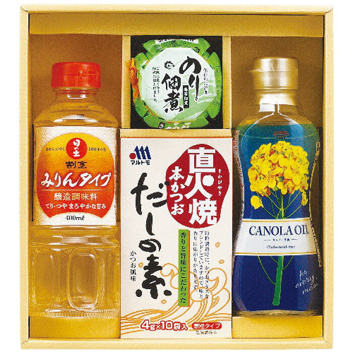 ■商品紹介：香りと旨味にこだわっただしとご飯によく合う佃煮の入った調味料セットです。 ■商品内容：昭和キャノーラ油300g・日の出割烹みりんタイプ400ml各1本・島乃香のり佃煮80g×1瓶・マルトモ直火焼本かつおだしの素(4g×10袋)1箱 ■商品パッケージサイズ：23×7.5×25.5cm メーカー希望小売価格はメーカーカタログに基づいて掲載しています ■さまざまなギフトアイテムをご用意しております。 内祝　内祝い　お祝い返し　ウェディングギフト　ブライダルギフト　引き出物　引出物　結婚引き出物　結婚引出物　結婚内祝い　出産内祝い命名内祝い　入園内祝い　入学内祝い　卒園内祝い　卒業内祝い　就職内祝い　新築内祝い　引越し内祝い　快気内祝い　開店内祝い　二次会披露宴　お祝い　御祝　結婚式　結婚祝い　出産祝い　初節句　七五三　入園祝い　入学祝い　卒園祝い　卒業祝い　成人式　就職祝い　昇進祝い新築祝い　上棟祝い　引っ越し祝い　引越し祝い　開店祝い　退職祝い　快気祝い　全快祝い　初老祝い　還暦祝い　古稀祝い　喜寿祝い　傘寿祝い米寿祝い　卒寿祝い　白寿祝い　長寿祝い　金婚式　銀婚式　ダイヤモンド婚式　結婚記念日　ギフト　ギフトセット　セット　詰め合わせ　贈答品　お返しお礼　御礼　ごあいさつ　ご挨拶　御挨拶　プレゼント　お見舞い　お見舞御礼　お餞別　引越し　引越しご挨拶　記念日　誕生日　父の日　母の日　敬老の日記念品　卒業記念品　定年退職記念品　ゴルフコンペ　コンペ景品　景品　賞品　粗品　お香典返し　香典返し　志　満中陰志　弔事　会葬御礼　法要法要引き出物　法要引出物　法事　法事引き出物　法事引出物　忌明け　四十九日　七七日忌明け志　一周忌　三回忌　回忌法要　偲び草　粗供養　初盆供物　お供え　お中元　御中元　お歳暮　御歳暮　お年賀　御年賀　残暑見舞い　年始挨拶　ボーリング大会　景品　レミパン　ゼリー　スターバックス千疋屋　結婚式　そうめん　ローラアシュレイ　プリン　話題　ディズニー　カタログギフト　ティファール　ビタクラフト　ステンレスタンブラー　リラックマのし無料　メッセージカード無料　ラッピング無料 ギフトにぴったりのアイテムをご紹介！贈り物に悩んでいる方へ、心温まるギフトアイテムを取り揃えました。高品質な食品、ふわふわのタオル、美しい食器、そしてセンスあふれる雑貨まで、幅広いラインナップであなたの大切な人への思いを伝えます。 特徴 高品質：厳選された素材と丁寧な製造工程で作られた商品ばかり。どれも長く愛用いただけます。 多用途：どんなシーンでも使える万能アイテムが揃っています。誕生日、結婚祝い、新築祝いなど、さまざまな場面に最適です。 デザイン：シンプルで洗練されたデザインから、カラフルで個性的なものまで、多彩なバリエーションをご用意。 お手頃価格：高品質ながら手ごろな価格で、コストパフォーマンスも抜群。おすすめの用途とシーン 誕生日プレゼント：大切な人の特別な日を祝うために、実用的かつ心温まるギフトを。食品やタオルは、日常で役立つアイテムとして喜ばれます。 結婚祝い：新しい生活を始めるカップルに、美しい食器やおしゃれな雑貨を。幸せな家庭を築くお手伝いができます。 新築祝い：新しい家に引っ越した友人や家族へ、インテリアにぴったりの雑貨や実用的なタオルを。快適な生活をサポートします。 お返しギフト：感謝の気持ちを込めて、おしゃれで実用的なアイテムを。食品はもちろん、使い心地の良いタオルや美しい食器も喜ばれます。 季節の贈り物：お中元やお歳暮、季節の挨拶として、季節に合ったギフトを。夏には涼しげな雑貨、冬には温かみのあるタオルや食品が最適です。 贈る相手に合わせたおすすめ グルメな方へ：美味しい食品を贈れば、食卓が一層華やかに。特別な時間を演出します。 家庭的な方へ：ふわふわのタオルや使いやすい食器で、日常生活に彩りを。 オシャレな方へ：センスあふれる雑貨で、インテリアを一層魅力的に。 まとめ あなたの気持ちを込めたギフト選びをお手伝いします。どれも心を込めて選んだアイテムばかりです。大切な人への贈り物として、自信を持っておすすめします。 商品概要 [分類] 以下のような商品をお探しの方にオススメです。スイーツ スィーツ スウィーツ Sweets ケーキ お菓子 洋菓子 デザート おやつ 小腹対策 食品 食べ物 / チョコレートケーキ チョコレート ガトーショコラ チーズケーキ 生菓子 生ケーキ ベイクドチーズケーキ [評価・マスコミ] ランキング1位のおすすめ(お勧め オススメ) インスタ映え SNS 評判 今話題の人気商品 [サービス] 以下のサービスをご利用いだだけます。不可の場合あり。お取り寄せ 全国配送 全国発送 オーダー 注文 デリバリー 取寄せ 宅配 ネット通販 持ち運び可 / 送料無料 送料込み 無料ギフト対応 日持ち長い 長期保存 賞味期限が長い 名入れ 当日発送 お急ぎ便 即日配送 即日発送 翌日配送 翌日発送 前日に買う あす楽 明日楽 即納 翌日 あす着 明日届く 配送日指定可 冷凍保存可 冷凍保管 冷凍便 ギフトラッピング ギフト対応 予約 メッセージ付き 有料メッセージカード 有料お誕生日カード ホワイトデー当日お届け可能 [パッケージ] 　 以下のような包装でお届けします。詰め合わせ セット アソート 化粧箱入り ラッピング不要 個包装 小分け 手提げ袋（有償） 2重梱包 [デザイン] 以下のようなイメージをお求めの方におすすめです。お洒落 可愛い ゴージャス 高級感 プレミアム サプライズ感 美しい インパクト 面白い 珍しい 希少 驚き シンプル 上品 スタイリッシュ エレガント モダン [ご用途] 工夫次第で様々な用途でご利用いただけます。贈り物 プレゼント ギフト プチギフト 贈答品 お祝い 御祝い 退職祝い 内祝い 出産祝い 出産内祝い 入学祝い 卒業祝い ご褒美 手土産 お土産 お使い物 お返し お礼 ご挨拶 ご進物 お配り 配る ばらまき バレンタインデー バレンタインデイ ヴァレンタイン 友チョコ 義理チョコ 本命チョコ 逆チョコ バレンタインチョコ ホワイトデー ホワイトデイ ホワイトデーのお返し 七五三 ひな祭り こどもの日 ハロウィン クリスマス お中元 お年賀 ウインターギフト 御中元 御歳暮 サマーギフト 残暑見舞い お歳暮 母の日 父の日 敬老の日 敬老会記念品 敬老会 結婚祝い 結婚内祝い 結婚記念日 結婚式二次会 二次会のプチギフト 結婚披露宴の引き出物 引き菓子 ウエディングパーティー 成人祝い 長寿祝い 還暦祝い 古希祝い 古稀祝い 喜寿祝い 傘寿祝い 米寿祝い 卒寿祝い 白寿祝い 紀寿祝い 百寿祝い 成人式 セレモニー イベント 内祝い 快気祝い 快気内祝い 出産内祝い 出産祝い 記念日 お返し ご進物 御使い物 お礼 ご挨拶 御礼 ご祝儀 祝儀の品 お使い物 ノベルティー 粗品 景品 長寿 法事 法要 仏事 年忌法事 志 粗供養 供養返し 香典返し 満中陰志 御供え お供え 御供物 弔事 七五三 ひな祭り 入学祝い 卒業祝い 卒園祝い 退職祝い 入社祝い 成人式 成人式のお祝い 朝食 食事代わり ティータイム ブレイクタイム ホームパーティー クリスマスケーキ 誕生日プレゼント 誕生祝い バースデーケーキ 学校 会社 職場 法人 取引先 部活 イベント サークル 介護施設 [おすすめの方] 以下のような様々なお客様にお喜びいただいております。10代 20代 30代 40代 50代 60代 70代 80代 90代 100歳以上 お母さん お父さん ママ パパ 兄弟姉妹 彼氏 彼女 恋人 義理の母 叔父さん 親戚の お嬢さん 大家族 家族 赤ちゃん 祖父 祖母 叔父 叔母 孫 おじいちゃん おばあちゃん じいじ ばあば 夫 旦那 妻 奥様 お嫁さん 奥さん 親 両親 娘 同僚 友達 仲間 友人 親友 上司 部下 先輩 後輩 お世話になった方 恩師 先生 大人数 女友達 法人 女性 男性 大人 子ども 子供用 小学生 中学生 高校生 男の子 女の子 辛党 甘党 甘いものが苦手 高齢者 お年寄り [その他おすすめ] 以下のような商品に興味のある方にもオススメです。大量 大量購入 財布に優しい 大人数 業務用 大量スイーツ お試し コスパ良い /香りと旨味にこだわっただしとご飯によく合う佃煮の入った調味料セットです。