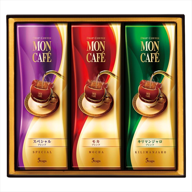 ■商品紹介：モンカフェは、挽きたてのコーヒー豆とフィルターをひとつにして、香りを逃さず一杯分ずつ丁寧にパック。カップにのせてお湯を注ぐだけで、豊かな香りが立ちのぼります。大切なあの方に、優雅なひとときをもたらす贈りものです。 モンカフェは、挽きたてのコーヒー豆とフィルターをひとつにして、香りを逃さず一杯分ずつ丁寧にパック。カップにのせてお湯を注ぐだけで、豊かな香りが立ちのぼります。大切なあの方に、優雅なひとときをもたらす贈りものです。 ■商品内容：セット内容/スペシャルブレンド・モカブレンド・キリマンジャロブレンド×各5袋 ■パッケージサイズ：23.2×25.5×7.3cm ■賞味期限（ある場合）：常温1年6ヶ月 メーカー希望小売価格はメーカーカタログに基づいて掲載しています ■さまざまなギフトアイテムをご用意しております。 内祝　内祝い　お祝い返し　ウェディングギフト　ブライダルギフト　引き出物　引出物　結婚引き出物　結婚引出物　結婚内祝い　出産内祝い 命名内祝い　入園内祝い　入学内祝い　卒園内祝い　卒業内祝い　就職内祝い　新築内祝い　引越し内祝い　快気内祝い　開店内祝い　二次会 披露宴　お祝い　御祝　結婚式　結婚祝い　出産祝い　初節句　七五三　入園祝い　入学祝い　卒園祝い　卒業祝い　成人式　就職祝い　昇進祝い 新築祝い　上棟祝い　引っ越し祝い　引越し祝い　開店祝い　退職祝い　快気祝い　全快祝い　初老祝い　還暦祝い　古稀祝い　喜寿祝い　傘寿祝い 米寿祝い　卒寿祝い　白寿祝い　長寿祝い　金婚式　銀婚式　ダイヤモンド婚式　結婚記念日　ギフト　ギフトセット　セット　詰め合わせ　贈答品　お返し お礼　御礼　ごあいさつ　ご挨拶　御挨拶　プレゼント　お見舞い　お見舞御礼　お餞別　引越し　引越しご挨拶　記念日　誕生日　父の日　母の日　敬老の日 記念品　卒業記念品　定年退職記念品　ゴルフコンペ　コンペ景品　景品　賞品　粗品　お香典返し　香典返し　志　満中陰志　弔事　会葬御礼　法要 法要引き出物　法要引出物　法事　法事引き出物　法事引出物　忌明け　四十九日　七七日忌明け志　一周忌　三回忌　回忌法要　偲び草　粗供養　初盆 供物　お供え　お中元　御中元　お歳暮　御歳暮　お年賀　御年賀　残暑見舞い　年始挨拶　ボーリング大会　景品　レミパン　ゼリー　スターバックス 千疋屋　結婚式　そうめん　ローラアシュレイ　プリン　話題　ディズニー　カタログギフト　ティファール　ビタクラフト　ステンレスタンブラー　リラックマ のし無料　メッセージカード無料　ラッピング無料 ギフトにぴったりのアイテムをご紹介！ 贈り物に悩んでいる方へ、心温まるギフトアイテムを取り揃えました。高品質な食品、ふわふわのタオル、美しい食器、そしてセンスあふれる雑貨まで、幅広いラインナップであなたの大切な人への思いを伝えます。 特徴 高品質：厳選された素材と丁寧な製造工程で作られた商品ばかり。どれも長く愛用いただけます。 多用途：どんなシーンでも使える万能アイテムが揃っています。誕生日、結婚祝い、新築祝いなど、さまざまな場面に最適です。 デザイン：シンプルで洗練されたデザインから、カラフルで個性的なものまで、多彩なバリエーションをご用意。 お手頃価格：高品質ながら手ごろな価格で、コストパフォーマンスも抜群。 おすすめの用途とシーン 誕生日プレゼント：大切な人の特別な日を祝うために、実用的かつ心温まるギフトを。食品やタオルは、日常で役立つアイテムとして喜ばれます。 結婚祝い：新しい生活を始めるカップルに、美しい食器やおしゃれな雑貨を。幸せな家庭を築くお手伝いができます。 新築祝い：新しい家に引っ越した友人や家族へ、インテリアにぴったりの雑貨や実用的なタオルを。快適な生活をサポートします。 お返しギフト：感謝の気持ちを込めて、おしゃれで実用的なアイテムを。食品はもちろん、使い心地の良いタオルや美しい食器も喜ばれます。 季節の贈り物：お中元やお歳暮、季節の挨拶として、季節に合ったギフトを。夏には涼しげな雑貨、冬には温かみのあるタオルや食品が最適です。 贈る相手に合わせたおすすめ グルメな方へ：美味しい食品を贈れば、食卓が一層華やかに。特別な時間を演出します。 家庭的な方へ：ふわふわのタオルや使いやすい食器で、日常生活に彩りを。 オシャレな方へ：センスあふれる雑貨で、インテリアを一層魅力的に。 まとめ あなたの気持ちを込めたギフト選びをお手伝いします。どれも心を込めて選んだアイテムばかりです。大切な人への贈り物として、自信を持っておすすめします。 商品概要 [分類] 以下のような商品をお探しの方にオススメです。スイーツ スィーツ スウィーツ Sweets ケーキ お菓子 洋菓子 デザート おやつ 小腹対策 食品 食べ物 / チョコレートケーキ チョコレート ガトーショコラ チーズケーキ 生菓子 生ケーキ ベイクドチーズケーキ [評価・マスコミ] ランキング1位のおすすめ(お勧め オススメ) インスタ映え SNS 評判 今話題の人気商品 [サービス] 以下のサービスをご利用いだだけます。不可の場合あり。お取り寄せ 全国配送 全国発送 オーダー 注文 デリバリー 取寄せ 宅配 ネット通販 持ち運び可 / 送料無料 送料込み 無料ギフト対応 日持ち長い 長期保存 賞味期限が長い 名入れ 当日発送 お急ぎ便 即日配送 即日発送 翌日配送 翌日発送 前日に買う あす楽 明日楽 即納 翌日 あす着 明日届く 配送日指定可 冷凍保存可 冷凍保管 冷凍便 ギフトラッピング ギフト対応 予約 メッセージ付き 有料メッセージカード 有料お誕生日カード ホワイトデー当日お届け可能 [パッケージ] 　 以下のような包装でお届けします。詰め合わせ セット アソート 化粧箱入り ラッピング不要 個包装 小分け 手提げ袋（有償） 2重梱包 [デザイン] 以下のようなイメージをお求めの方におすすめです。お洒落 可愛い ゴージャス 高級感 プレミアム サプライズ感 美しい インパクト 面白い 珍しい 希少 驚き シンプル 上品 スタイリッシュ エレガント モダン [ご用途] 工夫次第で様々な用途でご利用いただけます。贈り物 プレゼント ギフト プチギフト 贈答品 お祝い 御祝い 退職祝い 内祝い 出産祝い 出産内祝い 入学祝い 卒業祝い ご褒美 手土産 お土産 お使い物 お返し お礼 ご挨拶 ご進物 お配り 配る ばらまき バレンタインデー バレンタインデイ ヴァレンタイン 友チョコ 義理チョコ 本命チョコ 逆チョコ バレンタインチョコ ホワイトデー ホワイトデイ ホワイトデーのお返し 七五三 ひな祭り こどもの日 ハロウィン クリスマス お中元 お年賀 ウインターギフト 御中元 御歳暮 サマーギフト 残暑見舞い お歳暮 母の日 父の日 敬老の日 敬老会記念品 敬老会 結婚祝い 結婚内祝い 結婚記念日 結婚式二次会 二次会のプチギフト 結婚披露宴の引き出物 引き菓子 ウエディングパーティー 成人祝い 長寿祝い 還暦祝い 古希祝い 古稀祝い 喜寿祝い 傘寿祝い 米寿祝い 卒寿祝い 白寿祝い 紀寿祝い 百寿祝い 成人式 セレモニー イベント 内祝い 快気祝い 快気内祝い 出産内祝い 出産祝い 記念日 お返し ご進物 御使い物 お礼 ご挨拶 御礼 ご祝儀 祝儀の品 お使い物 ノベルティー 粗品 景品 長寿 法事 法要 仏事 年忌法事 志 粗供養 供養返し 香典返し 満中陰志 御供え お供え 御供物 弔事 七五三 ひな祭り 入学祝い 卒業祝い 卒園祝い 退職祝い 入社祝い 成人式 成人式のお祝い 朝食 食事代わり ティータイム ブレイクタイム ホームパーティー クリスマスケーキ 誕生日プレゼント 誕生祝い バースデーケーキ 学校 会社 職場 法人 取引先 部活 イベント サークル 介護施設 [おすすめの方] 以下のような様々なお客様にお喜びいただいております。10代 20代 30代 40代 50代 60代 70代 80代 90代 100歳以上 お母さん お父さん ママ パパ 兄弟姉妹 彼氏 彼女 恋人 義理の母 叔父さん 親戚の お嬢さん 大家族 家族 赤ちゃん 祖父 祖母 叔父 叔母 孫 おじいちゃん おばあちゃん じいじ ばあば 夫 旦那 妻 奥様 お嫁さん 奥さん 親 両親 娘 同僚 友達 仲間 友人 親友 上司 部下 先輩 後輩 お世話になった方 恩師 先生 大人数 女友達 法人 女性 男性 大人 子ども 子供用 小学生 中学生 高校生 男の子 女の子 辛党 甘党 甘いものが苦手 高齢者 お年寄り [その他おすすめ] 以下のような商品に興味のある方にもオススメです。大量 大量購入 財布に優しい 大人数 業務用 大量スイーツ お試し コスパ良い /とっておきのギフトを贈る。ギフト専門店のおすすめ商品ですモンカフェは、挽きたてのコーヒー豆とフィルターをひとつにして、香りを逃さず一杯分ずつ丁寧にパック。カップにのせてお湯を注ぐだけで、豊かな香りが立ちのぼります。大切なあの方に、優雅なひとときをもたらす贈りものです。