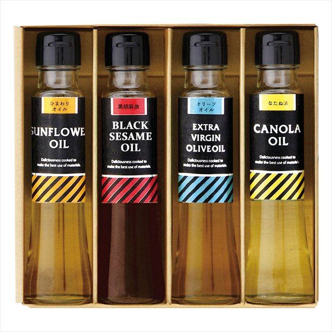 ■商品紹介：様々なクッキング用オイルの詰合せ。機能性オイルを食卓に、お料理に合わせてお使いいただけます。 ■商品内容：セット内容/ひまわり油・黒胡麻油・EXVオリーブオイル・なたね油（各90g）×各1 ■パッケージサイズ：18.5×20.3...
