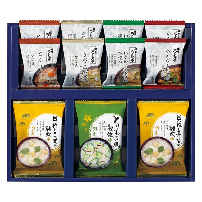 ■商品紹介：素材と味付けにこだわって、香り立つ美味しさをそのままパックしました。どなたに贈っても喜ばれるフリーズドライのギフトです。 ■商品内容：セット内容/貝柱と三つ葉の雑炊・とん汁・きのこのお吸物ひき雲仕立・わかめと油あげの味噌汁・かきたま味噌汁赤だし仕立×各2、とりわさ風雑炊×1 ■パッケージサイズ：27.3×32.5×5.5cm ■賞味期限（ある場合）：常温1年 メーカー希望小売価格はメーカーカタログに基づいて掲載しています ■さまざまなギフトアイテムをご用意しております。 内祝　内祝い　お祝い返し　ウェディングギフト　ブライダルギフト　引き出物　引出物　結婚引き出物　結婚引出物　結婚内祝い　出産内祝い 命名内祝い　入園内祝い　入学内祝い　卒園内祝い　卒業内祝い　就職内祝い　新築内祝い　引越し内祝い　快気内祝い　開店内祝い　二次会 披露宴　お祝い　御祝　結婚式　結婚祝い　出産祝い　初節句　七五三　入園祝い　入学祝い　卒園祝い　卒業祝い　成人式　就職祝い　昇進祝い 新築祝い　上棟祝い　引っ越し祝い　引越し祝い　開店祝い　退職祝い　快気祝い　全快祝い　初老祝い　還暦祝い　古稀祝い　喜寿祝い　傘寿祝い 米寿祝い　卒寿祝い　白寿祝い　長寿祝い　金婚式　銀婚式　ダイヤモンド婚式　結婚記念日　ギフト　ギフトセット　セット　詰め合わせ　贈答品　お返し お礼　御礼　ごあいさつ　ご挨拶　御挨拶　プレゼント　お見舞い　お見舞御礼　お餞別　引越し　引越しご挨拶　記念日　誕生日　父の日　母の日　敬老の日 記念品　卒業記念品　定年退職記念品　ゴルフコンペ　コンペ景品　景品　賞品　粗品　お香典返し　香典返し　志　満中陰志　弔事　会葬御礼　法要 法要引き出物　法要引出物　法事　法事引き出物　法事引出物　忌明け　四十九日　七七日忌明け志　一周忌　三回忌　回忌法要　偲び草　粗供養　初盆 供物　お供え　お中元　御中元　お歳暮　御歳暮　お年賀　御年賀　残暑見舞い　年始挨拶　ボーリング大会　景品　レミパン　ゼリー　スターバックス 千疋屋　結婚式　そうめん　ローラアシュレイ　プリン　話題　ディズニー　カタログギフト　ティファール　ビタクラフト　ステンレスタンブラー　リラックマ のし無料　メッセージカード無料　ラッピング無料 ギフトにぴったりのアイテムをご紹介！ 贈り物に悩んでいる方へ、心温まるギフトアイテムを取り揃えました。高品質な食品、ふわふわのタオル、美しい食器、そしてセンスあふれる雑貨まで、幅広いラインナップであなたの大切な人への思いを伝えます。 特徴 高品質：厳選された素材と丁寧な製造工程で作られた商品ばかり。どれも長く愛用いただけます。 多用途：どんなシーンでも使える万能アイテムが揃っています。誕生日、結婚祝い、新築祝いなど、さまざまな場面に最適です。 デザイン：シンプルで洗練されたデザインから、カラフルで個性的なものまで、多彩なバリエーションをご用意。 お手頃価格：高品質ながら手ごろな価格で、コストパフォーマンスも抜群。 おすすめの用途とシーン 誕生日プレゼント：大切な人の特別な日を祝うために、実用的かつ心温まるギフトを。食品やタオルは、日常で役立つアイテムとして喜ばれます。 結婚祝い：新しい生活を始めるカップルに、美しい食器やおしゃれな雑貨を。幸せな家庭を築くお手伝いができます。 新築祝い：新しい家に引っ越した友人や家族へ、インテリアにぴったりの雑貨や実用的なタオルを。快適な生活をサポートします。 お返しギフト：感謝の気持ちを込めて、おしゃれで実用的なアイテムを。食品はもちろん、使い心地の良いタオルや美しい食器も喜ばれます。 季節の贈り物：お中元やお歳暮、季節の挨拶として、季節に合ったギフトを。夏には涼しげな雑貨、冬には温かみのあるタオルや食品が最適です。 贈る相手に合わせたおすすめ グルメな方へ：美味しい食品を贈れば、食卓が一層華やかに。特別な時間を演出します。 家庭的な方へ：ふわふわのタオルや使いやすい食器で、日常生活に彩りを。 オシャレな方へ：センスあふれる雑貨で、インテリアを一層魅力的に。 まとめ あなたの気持ちを込めたギフト選びをお手伝いします。どれも心を込めて選んだアイテムばかりです。大切な人への贈り物として、自信を持っておすすめします。 商品概要 [分類] 以下のような商品をお探しの方にオススメです。スイーツ スィーツ スウィーツ Sweets ケーキ お菓子 洋菓子 デザート おやつ 小腹対策 食品 食べ物 / チョコレートケーキ チョコレート ガトーショコラ チーズケーキ 生菓子 生ケーキ ベイクドチーズケーキ [評価・マスコミ] ランキング1位のおすすめ(お勧め オススメ) インスタ映え SNS 評判 今話題の人気商品 [サービス] 以下のサービスをご利用いだだけます。不可の場合あり。お取り寄せ 全国配送 全国発送 オーダー 注文 デリバリー 取寄せ 宅配 ネット通販 持ち運び可 / 送料無料 送料込み 無料ギフト対応 日持ち長い 長期保存 賞味期限が長い 名入れ 当日発送 お急ぎ便 即日配送 即日発送 翌日配送 翌日発送 前日に買う あす楽 明日楽 即納 翌日 あす着 明日届く 配送日指定可 冷凍保存可 冷凍保管 冷凍便 ギフトラッピング ギフト対応 予約 メッセージ付き 有料メッセージカード 有料お誕生日カード ホワイトデー当日お届け可能 [パッケージ] 　 以下のような包装でお届けします。詰め合わせ セット アソート 化粧箱入り ラッピング不要 個包装 小分け 手提げ袋（有償） 2重梱包 [デザイン] 以下のようなイメージをお求めの方におすすめです。お洒落 可愛い ゴージャス 高級感 プレミアム サプライズ感 美しい インパクト 面白い 珍しい 希少 驚き シンプル 上品 スタイリッシュ エレガント モダン [ご用途] 工夫次第で様々な用途でご利用いただけます。贈り物 プレゼント ギフト プチギフト 贈答品 お祝い 御祝い 退職祝い 内祝い 出産祝い 出産内祝い 入学祝い 卒業祝い ご褒美 手土産 お土産 お使い物 お返し お礼 ご挨拶 ご進物 お配り 配る ばらまき バレンタインデー バレンタインデイ ヴァレンタイン 友チョコ 義理チョコ 本命チョコ 逆チョコ バレンタインチョコ ホワイトデー ホワイトデイ ホワイトデーのお返し 七五三 ひな祭り こどもの日 ハロウィン クリスマス お中元 お年賀 ウインターギフト 御中元 御歳暮 サマーギフト 残暑見舞い お歳暮 母の日 父の日 敬老の日 敬老会記念品 敬老会 結婚祝い 結婚内祝い 結婚記念日 結婚式二次会 二次会のプチギフト 結婚披露宴の引き出物 引き菓子 ウエディングパーティー 成人祝い 長寿祝い 還暦祝い 古希祝い 古稀祝い 喜寿祝い 傘寿祝い 米寿祝い 卒寿祝い 白寿祝い 紀寿祝い 百寿祝い 成人式 セレモニー イベント 内祝い 快気祝い 快気内祝い 出産内祝い 出産祝い 記念日 お返し ご進物 御使い物 お礼 ご挨拶 御礼 ご祝儀 祝儀の品 お使い物 ノベルティー 粗品 景品 長寿 法事 法要 仏事 年忌法事 志 粗供養 供養返し 香典返し 満中陰志 御供え お供え 御供物 弔事 七五三 ひな祭り 入学祝い 卒業祝い 卒園祝い 退職祝い 入社祝い 成人式 成人式のお祝い 朝食 食事代わり ティータイム ブレイクタイム ホームパーティー クリスマスケーキ 誕生日プレゼント 誕生祝い バースデーケーキ 学校 会社 職場 法人 取引先 部活 イベント サークル 介護施設 [おすすめの方] 以下のような様々なお客様にお喜びいただいております。10代 20代 30代 40代 50代 60代 70代 80代 90代 100歳以上 お母さん お父さん ママ パパ 兄弟姉妹 彼氏 彼女 恋人 義理の母 叔父さん 親戚の お嬢さん 大家族 家族 赤ちゃん 祖父 祖母 叔父 叔母 孫 おじいちゃん おばあちゃん じいじ ばあば 夫 旦那 妻 奥様 お嫁さん 奥さん 親 両親 娘 同僚 友達 仲間 友人 親友 上司 部下 先輩 後輩 お世話になった方 恩師 先生 大人数 女友達 法人 女性 男性 大人 子ども 子供用 小学生 中学生 高校生 男の子 女の子 辛党 甘党 甘いものが苦手 高齢者 お年寄り [その他おすすめ] 以下のような商品に興味のある方にもオススメです。大量 大量購入 財布に優しい 大人数 業務用 大量スイーツ お試し コスパ良い /とっておきのギフトを贈る。ギフト専門店のおすすめ商品です素材と味付けにこだわって、香り立つ美味しさをそのままパックしました。どなたに贈っても喜ばれるフリーズドライのギフトです。