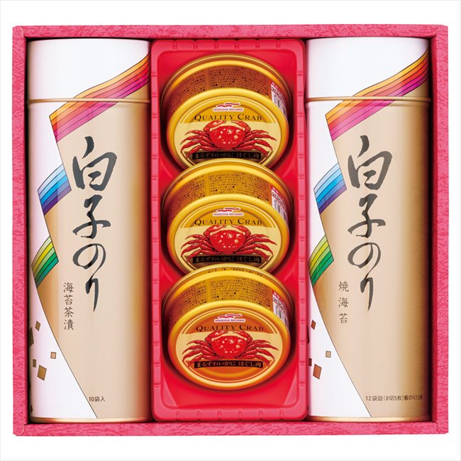 ■商品紹介：食卓を豪華に、海の幸を贅沢に贈る。 ■商品内容：まるずわいがにほぐし肉（55g）×3、焼のり12袋詰（8切5枚）・のり茶漬け（10袋）×各1 ■パッケージサイズ：23.5×25.5×8cm ■賞味期限（ある場合）：常温3年 メー...