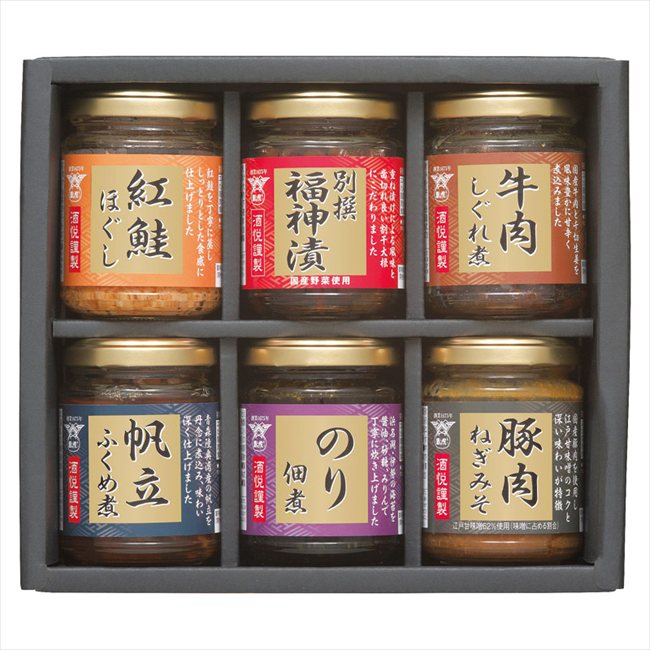 ■商品紹介：こだわり具材を詰め合わせた、ご飯のお供やお酒のつまみに最適な6本セットです。 ■商品内容：のり佃煮・豚肉ねぎみそ（各125g）・別撰福神漬・帆立ふくめ煮（各120g）・紅鮭ほぐし（85g）・牛肉しぐれ煮（70g）×各1 ■パッケ...