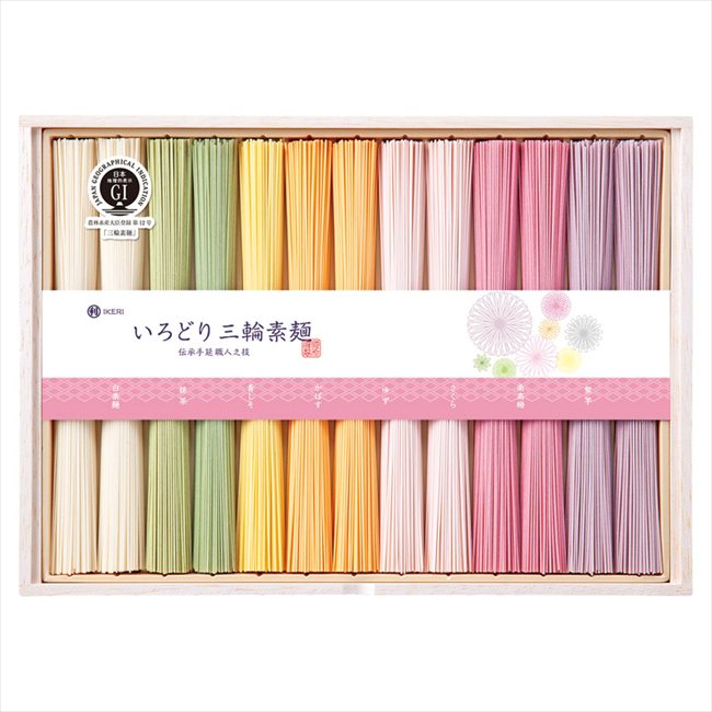 ■商品紹介：日本の伝統製法と和の食材で、日本の繊細な美しさを表現した素麺です。 彩り三輪そうめんは特に女性へ向けた商品として作られております。キレイな花を買ってリビングに飾ることで気分がリラックスするように、様々な色合いを贈り物で使ってもら...